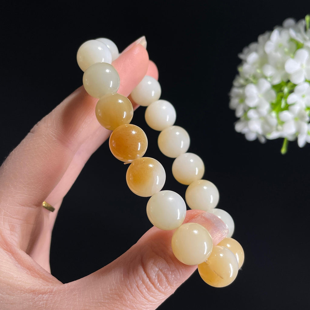 和田玉糖白玉“杏雪满枝”圆珠手串（yc332137）