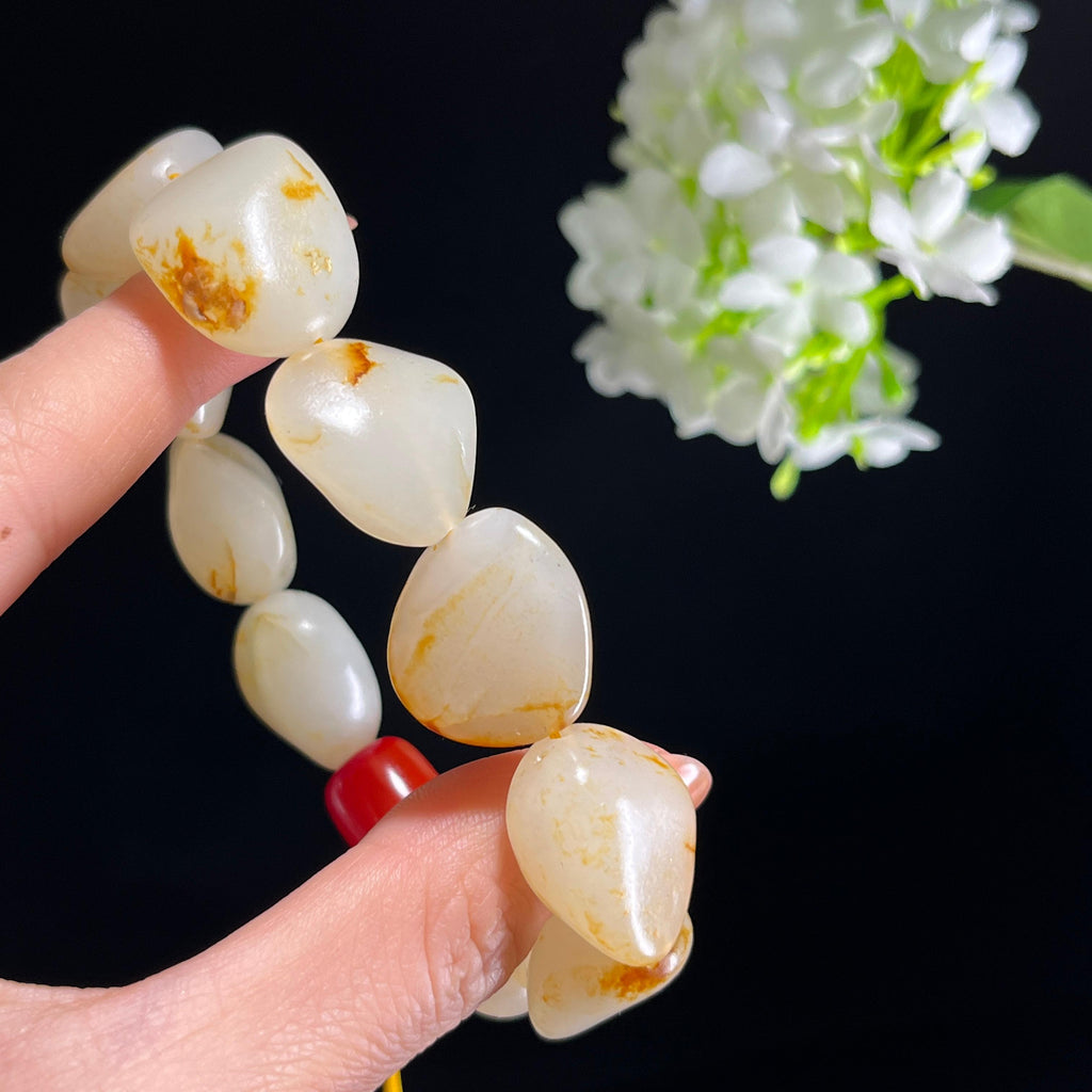 和田玉白玉洒金皮红皮籽料原籽手串（yc347507）