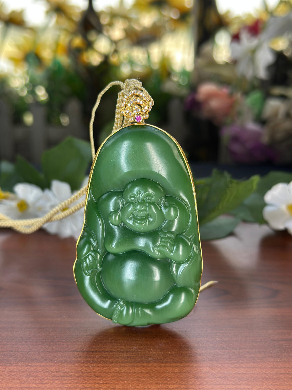 和田玉珍品18K金镶碧玉粉绿弥勒佛挂件（yc711204）