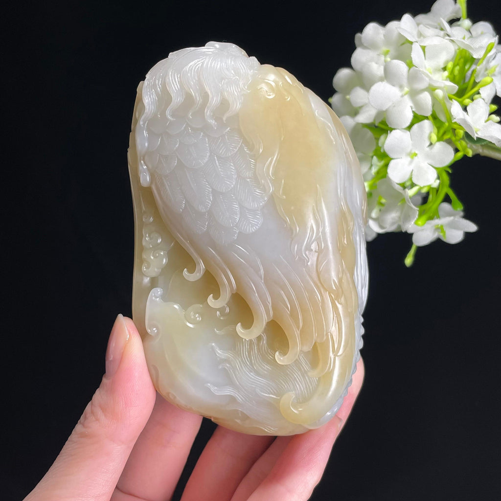 A新疆天然和田玉“双龙护主”且末糖白料手把件（yc309495）