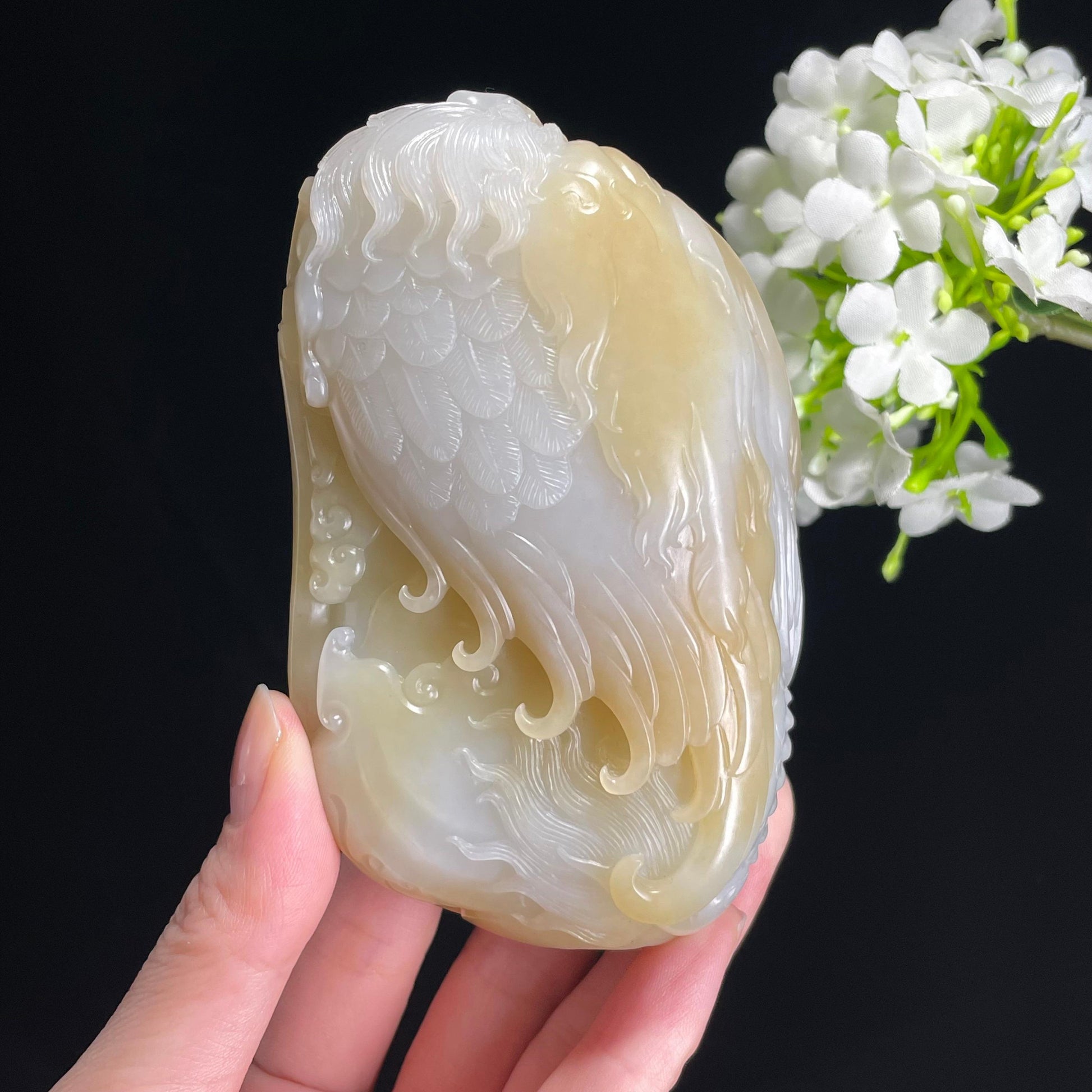 A新疆天然和田玉“双龙护主”且末糖白料手把件（yc309495）