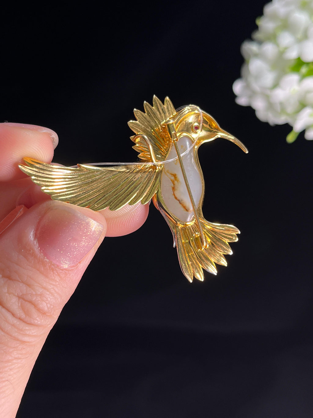 新疆天然和田玉籽料白玉18k金镶飞鸟胸针（yc268271）
