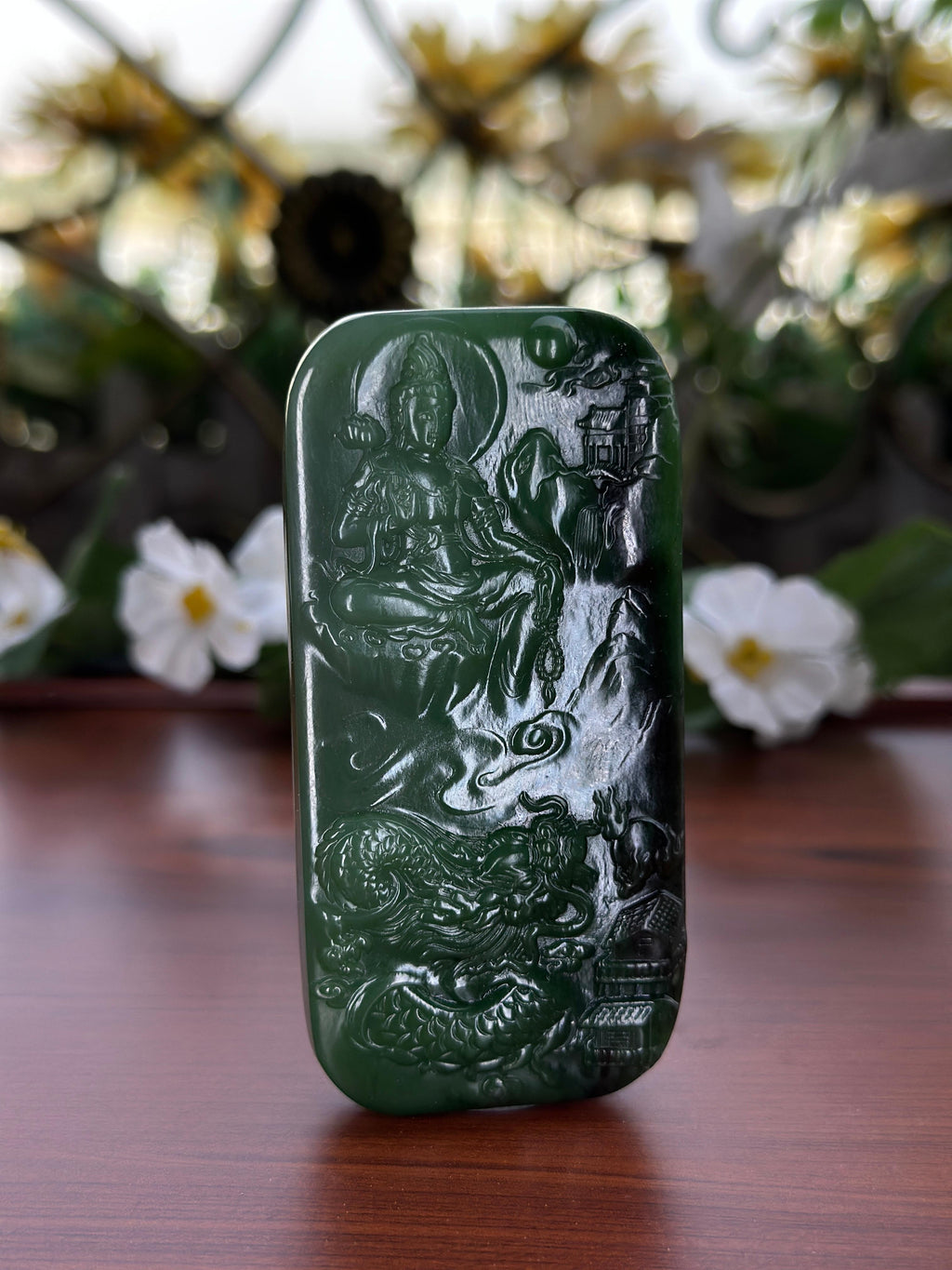和田玉碧玉山水御龙观音挂件（yc704489）
