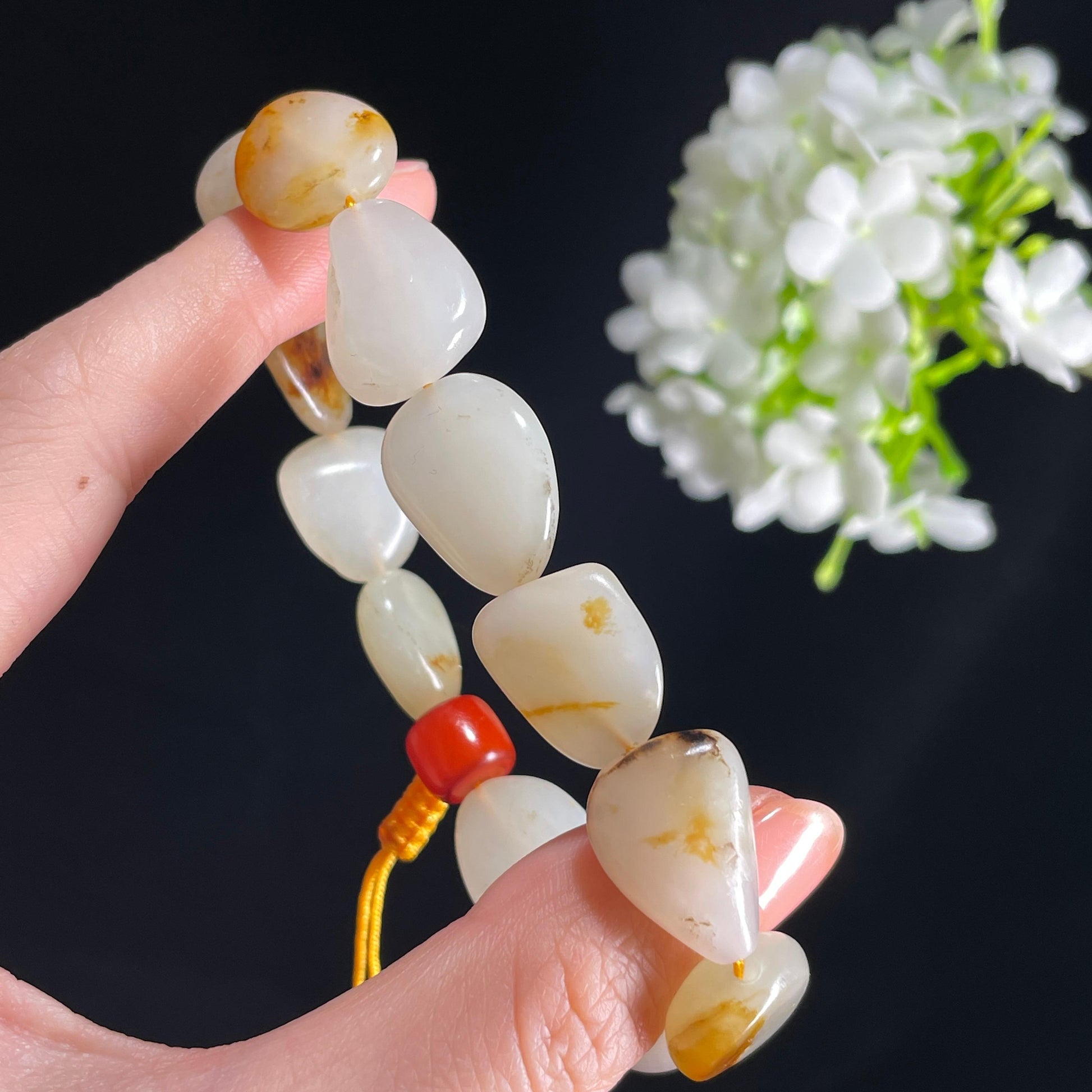 新疆天然和田玉白玉红皮原籽手串（12颗）（yc396003）