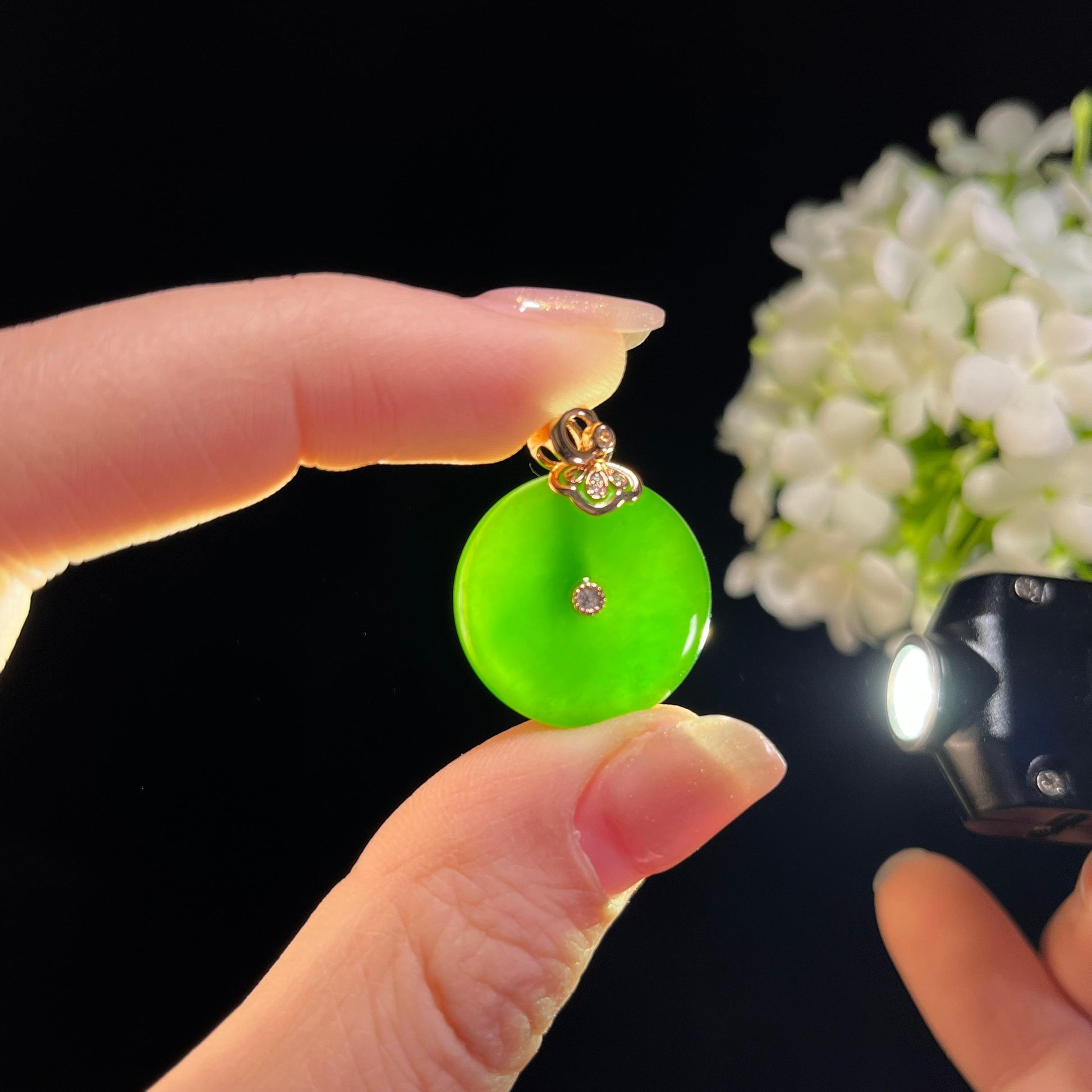 新疆天然和田玉18K金镶碧玉平安扣（yc351471）