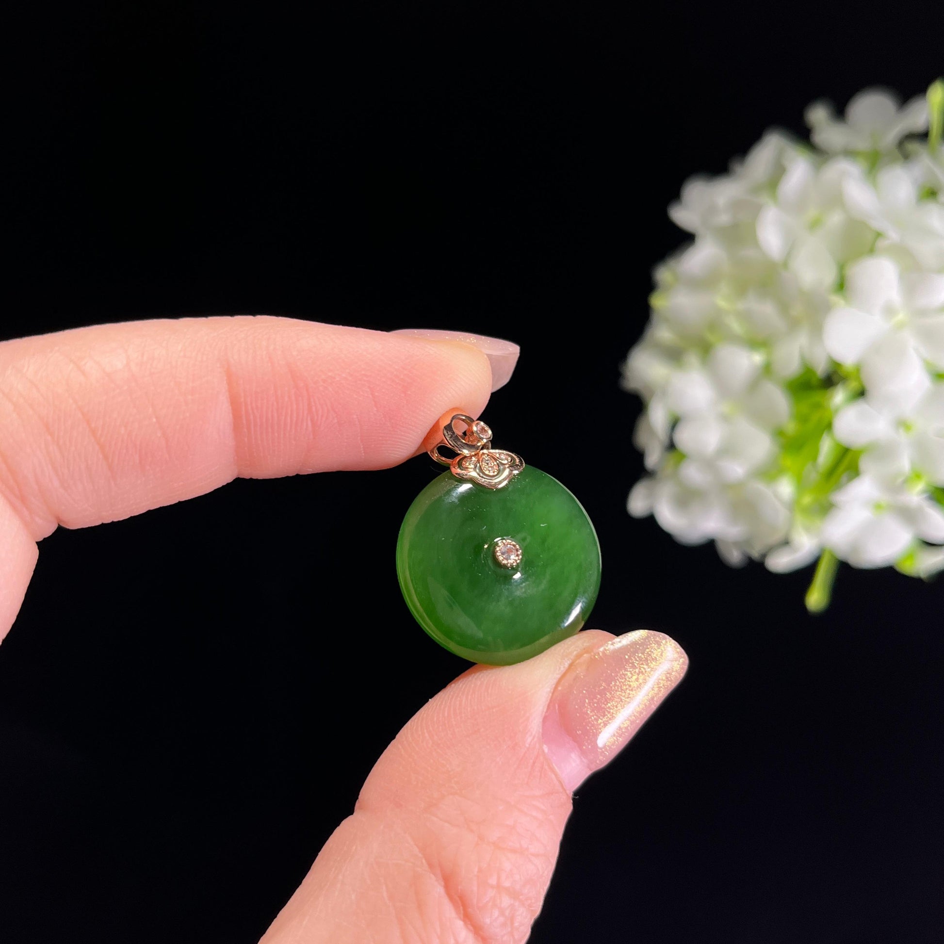 新疆天然和田玉18K金镶碧玉平安扣（yc351471）