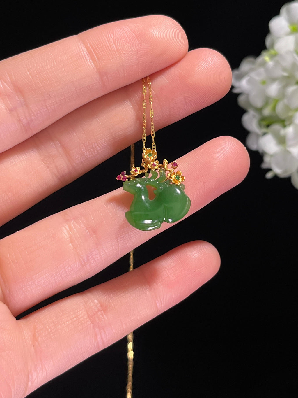 新疆天然和田玉碧玉18k金镶“一路有你”吊坠（yc260363）