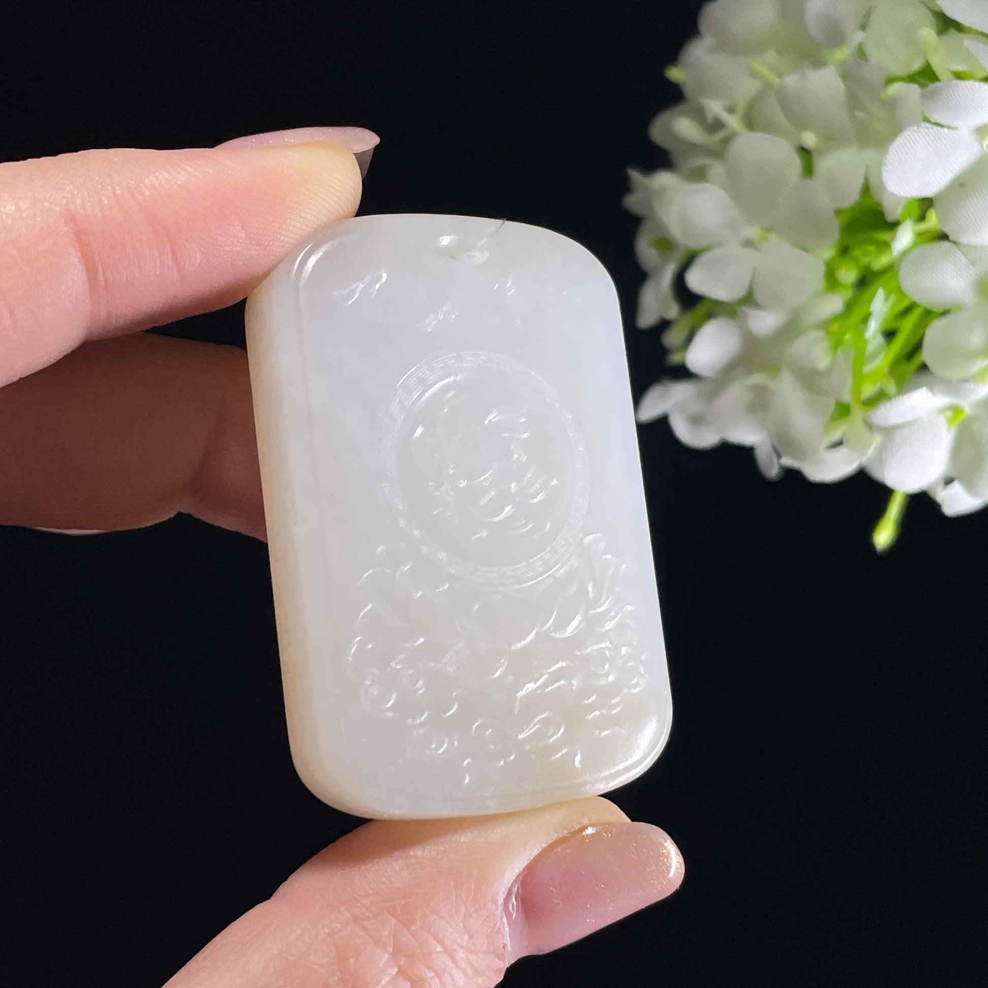 和田玉糖白玉“莲台观心”观音雕刻挂件（yc342020）