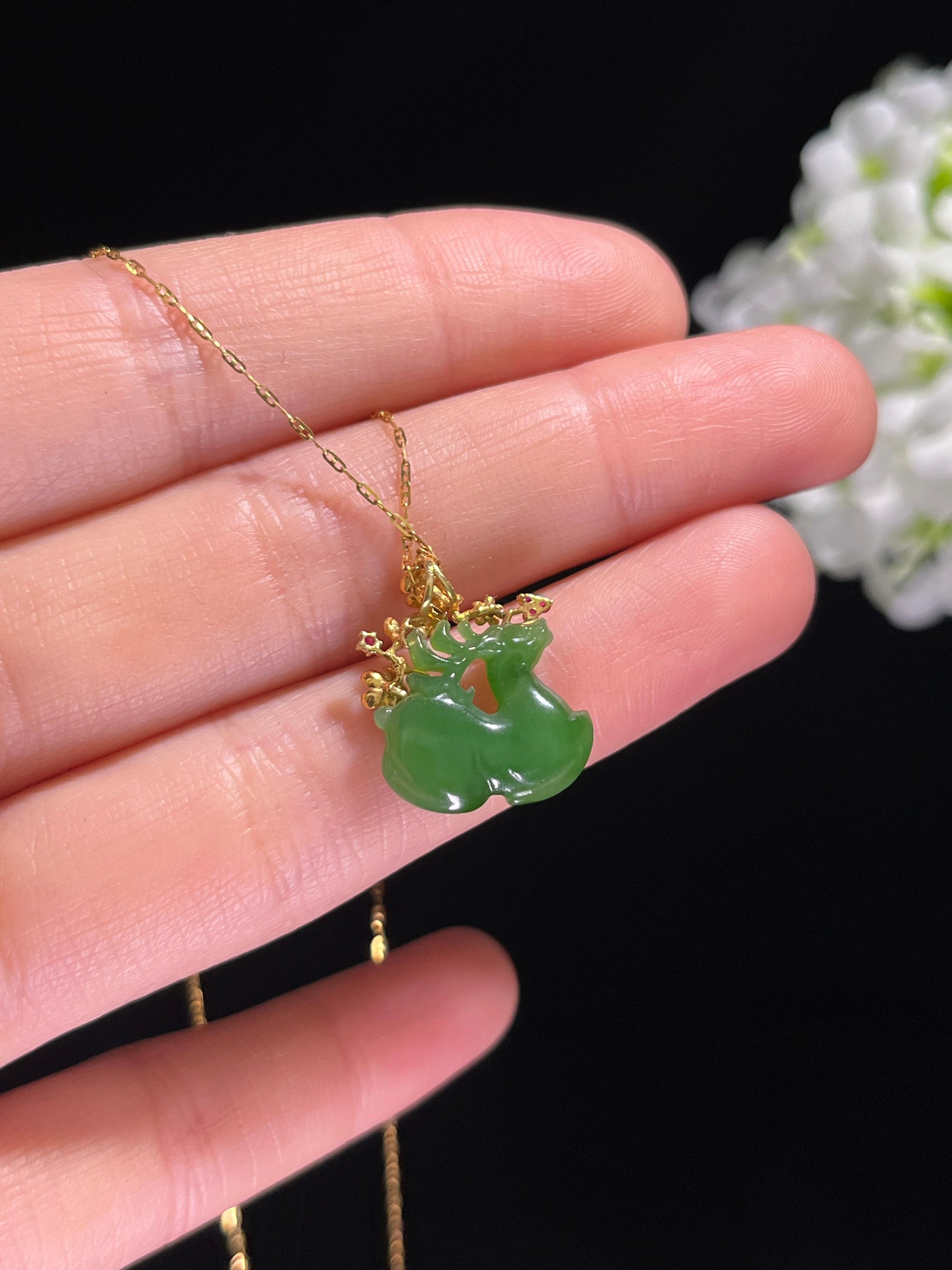 新疆天然和田玉碧玉18k金镶“一路有你”吊坠（yc260363）