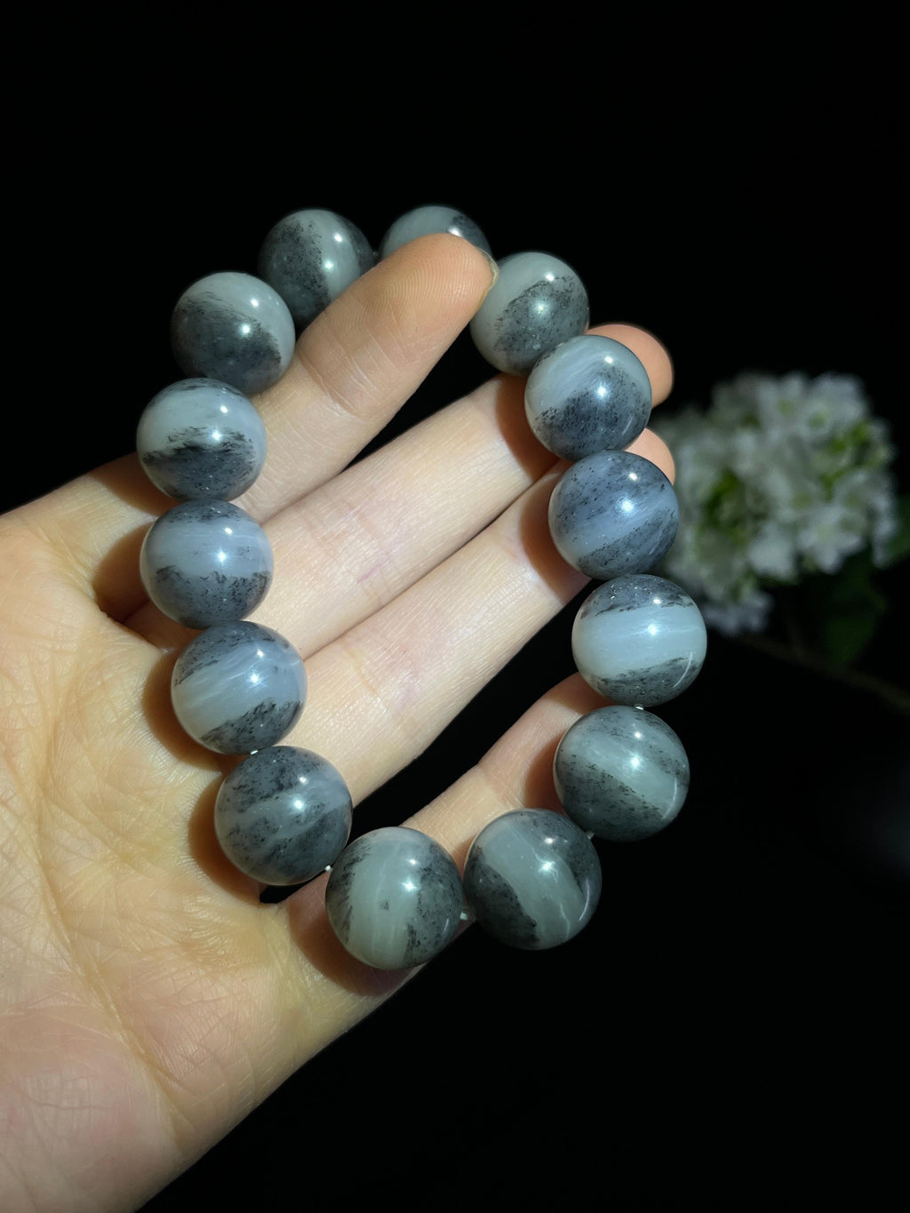 和田玉青花一线天圆形珠手串（卡16）（yc254766）