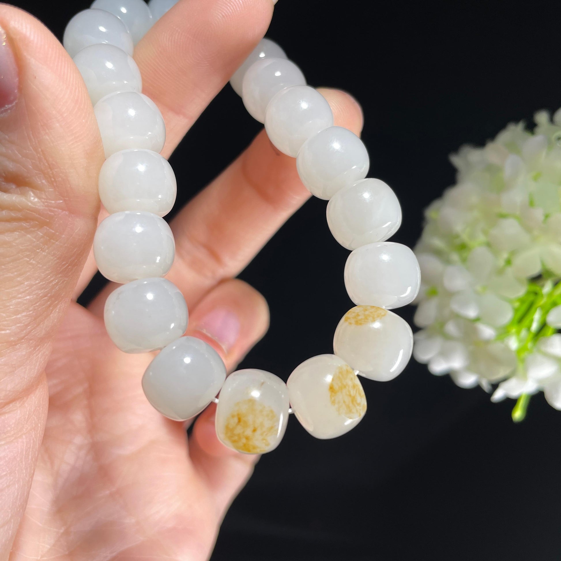 和田玉白玉洒金皮籽料算盘珠手串（19颗）（yc393158）