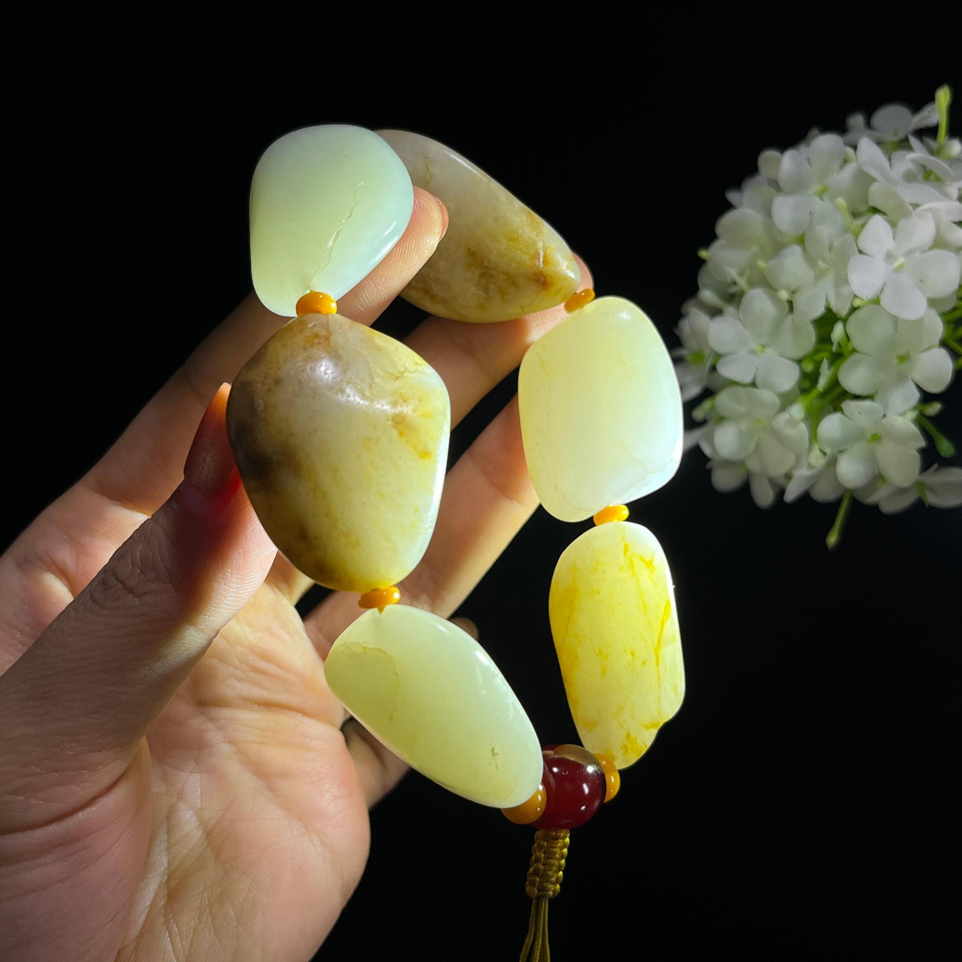和田玉白玉青白玉洒金皮原籽手串（6颗）（yc399432）
