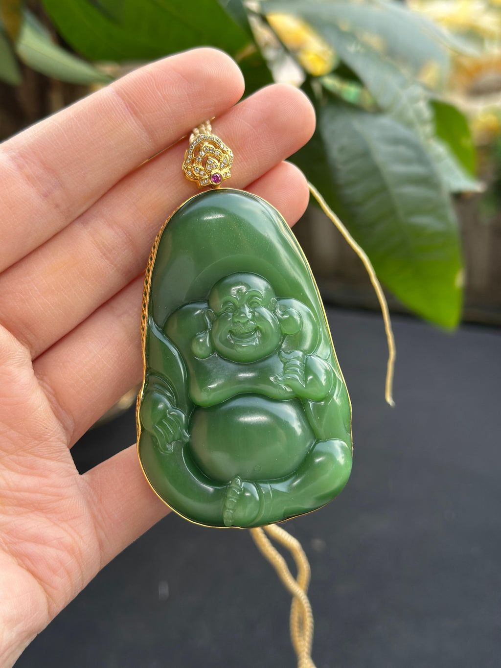 和田玉珍品18K金镶碧玉粉绿弥勒佛挂件（yc711204）