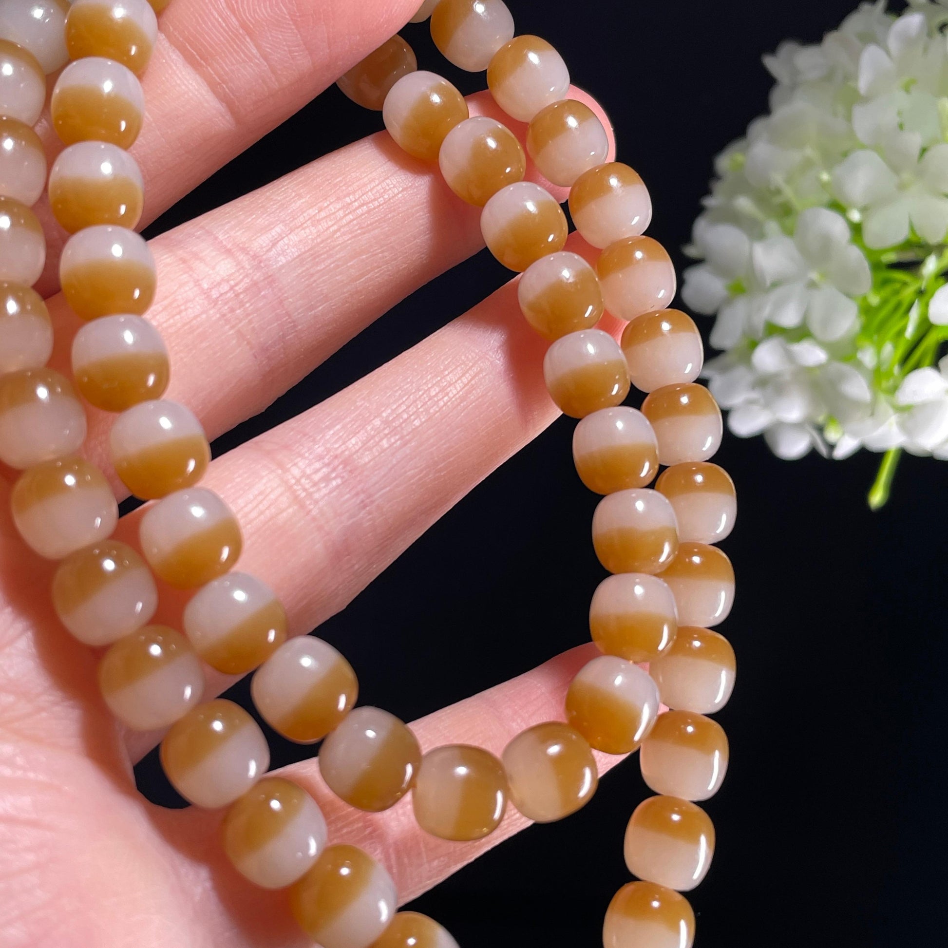 和田玉糖白玉聚宝盆圆珠项链（58颗）（yc389153）