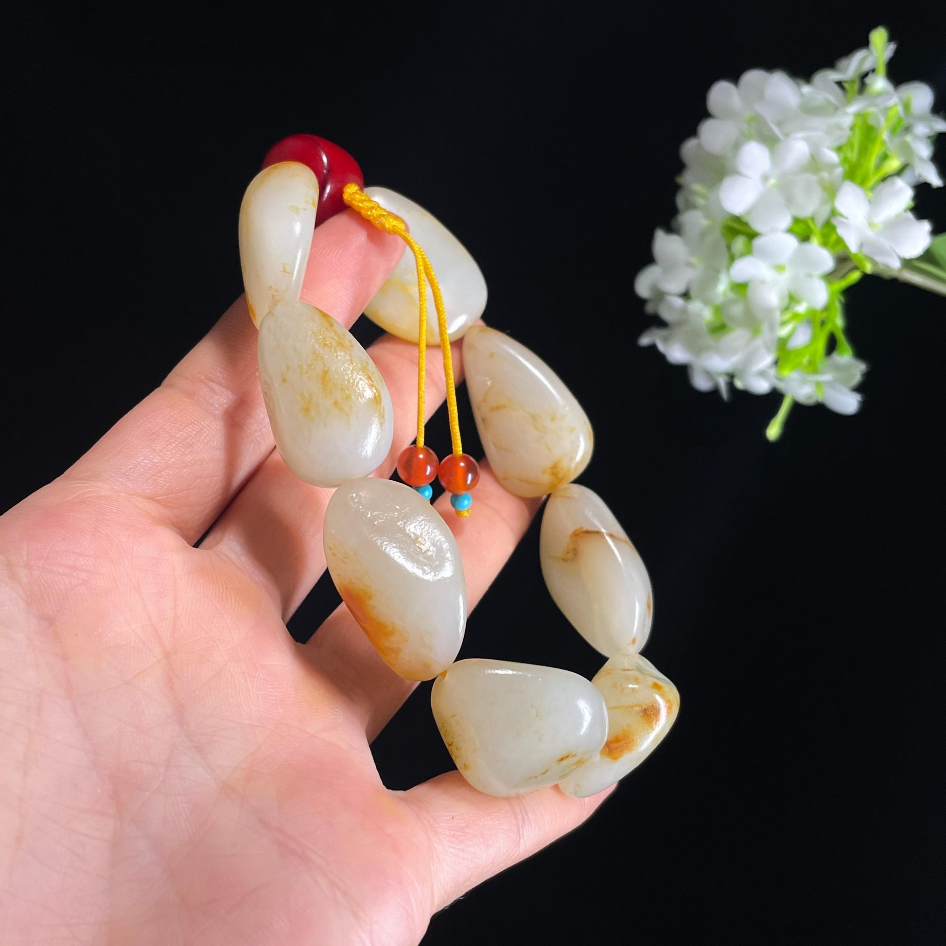 和田玉白玉红皮洒金皮原籽手串（yc410679）