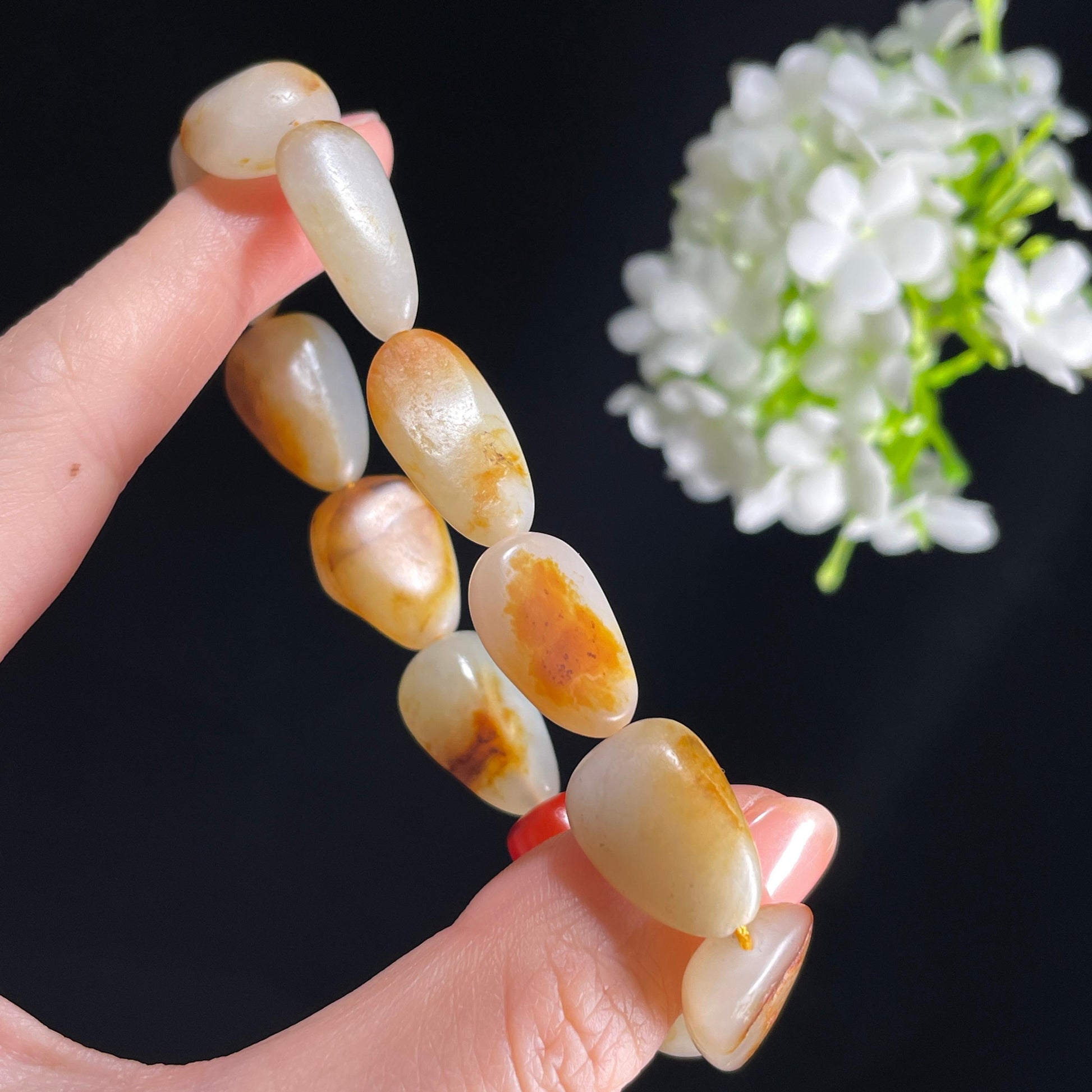新疆天然和田玉白玉红皮原籽手串（11颗）（yc396000）