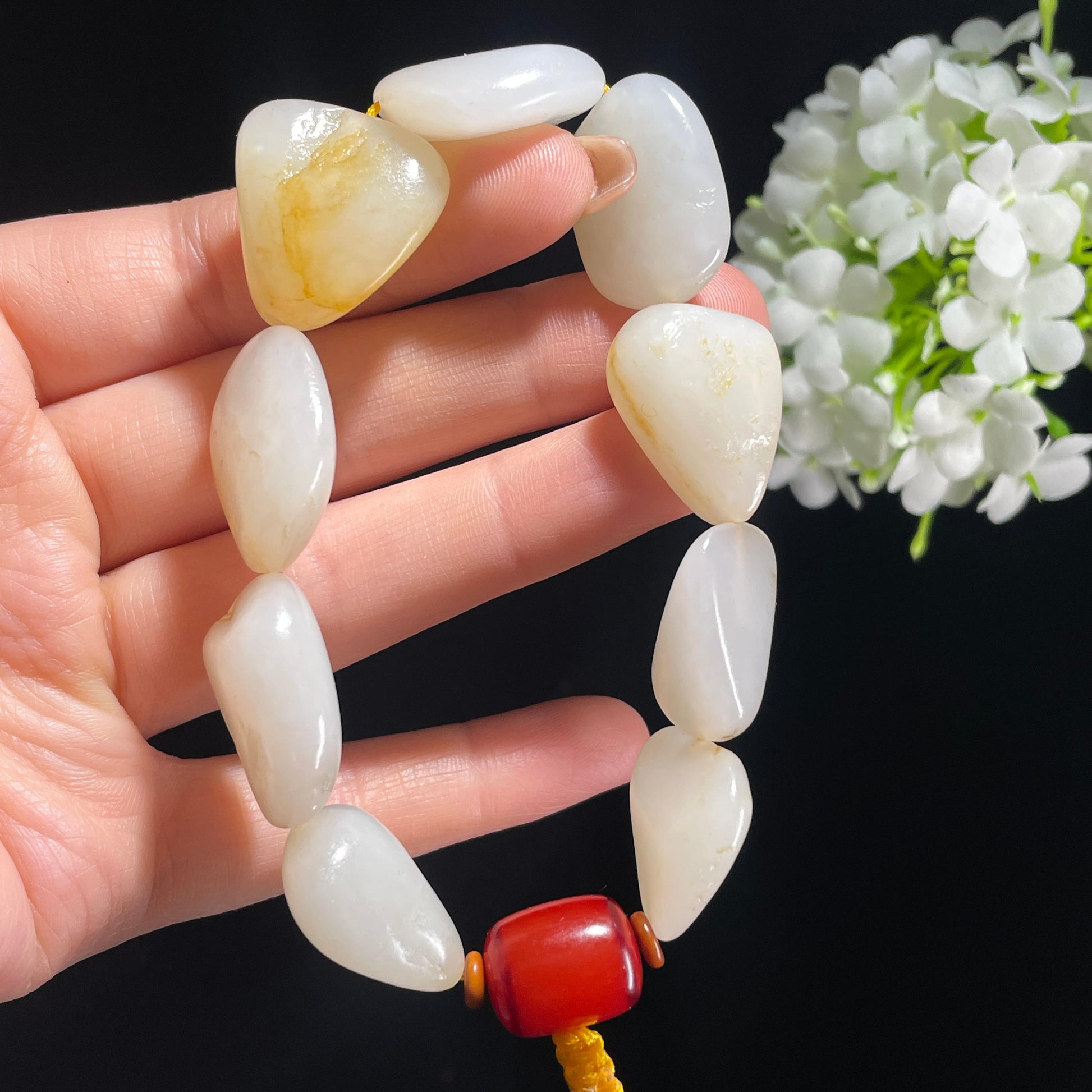 和田玉白玉淡洒金皮原籽手串（yc381970）