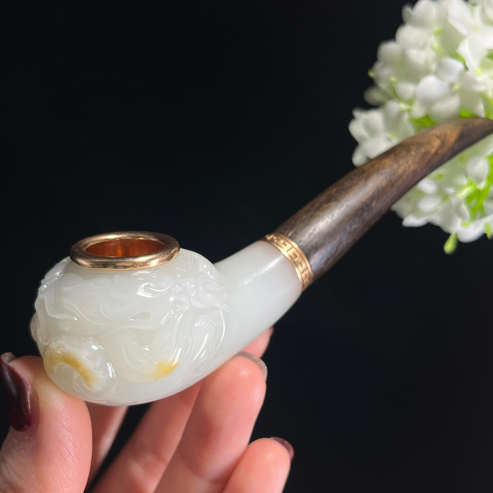 和田玉羊脂白玉洒金皮籽料烟斗（yc337062）
