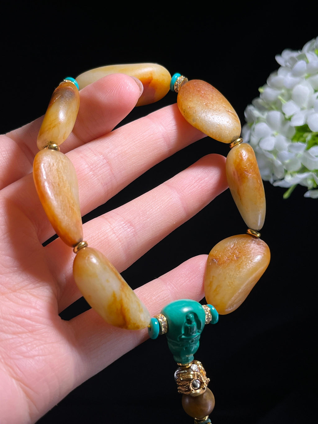 新疆天然和田玉籽料原石金包银手串1（yc262609）