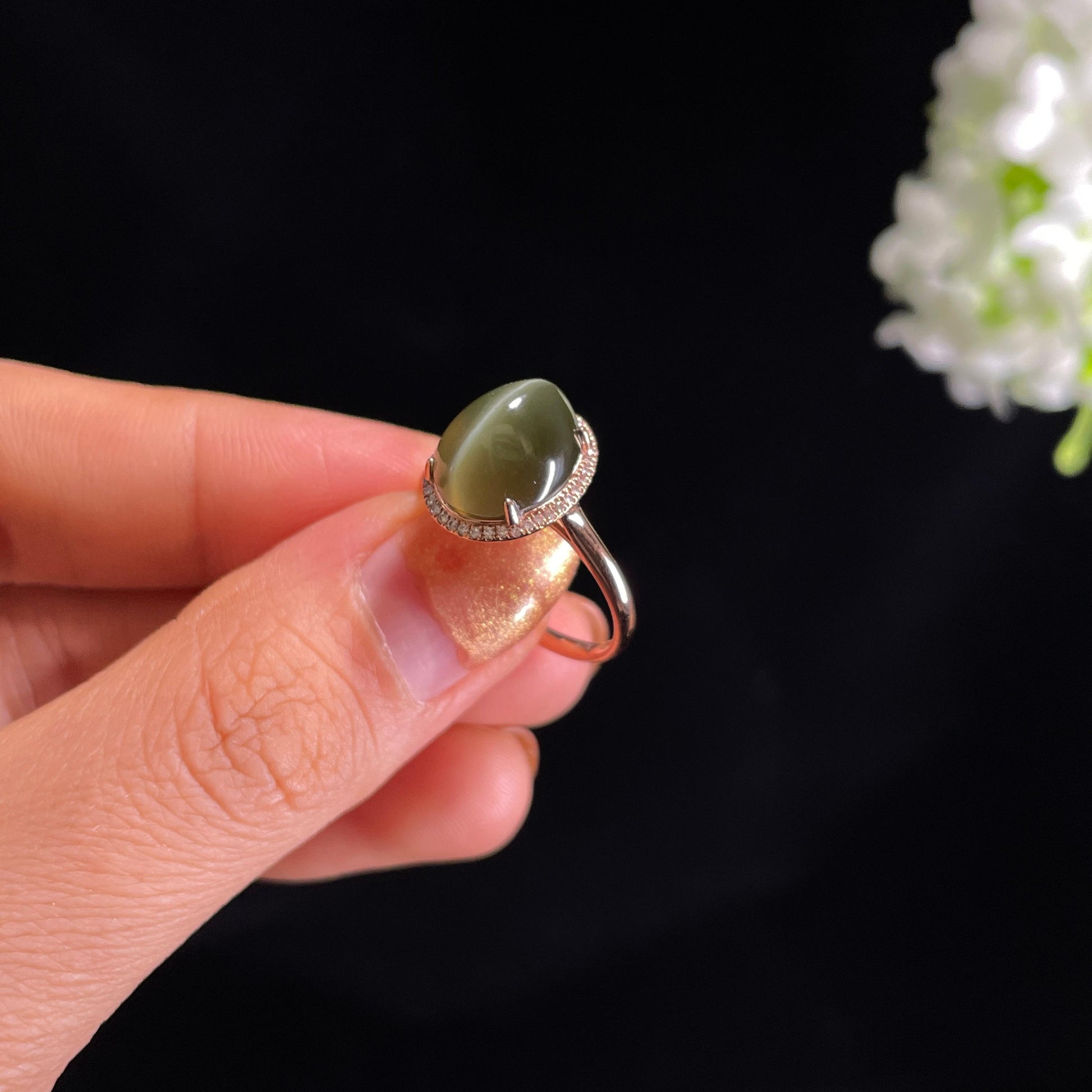 和田玉18K金镶碧玉猫眼戒指（yc409764）