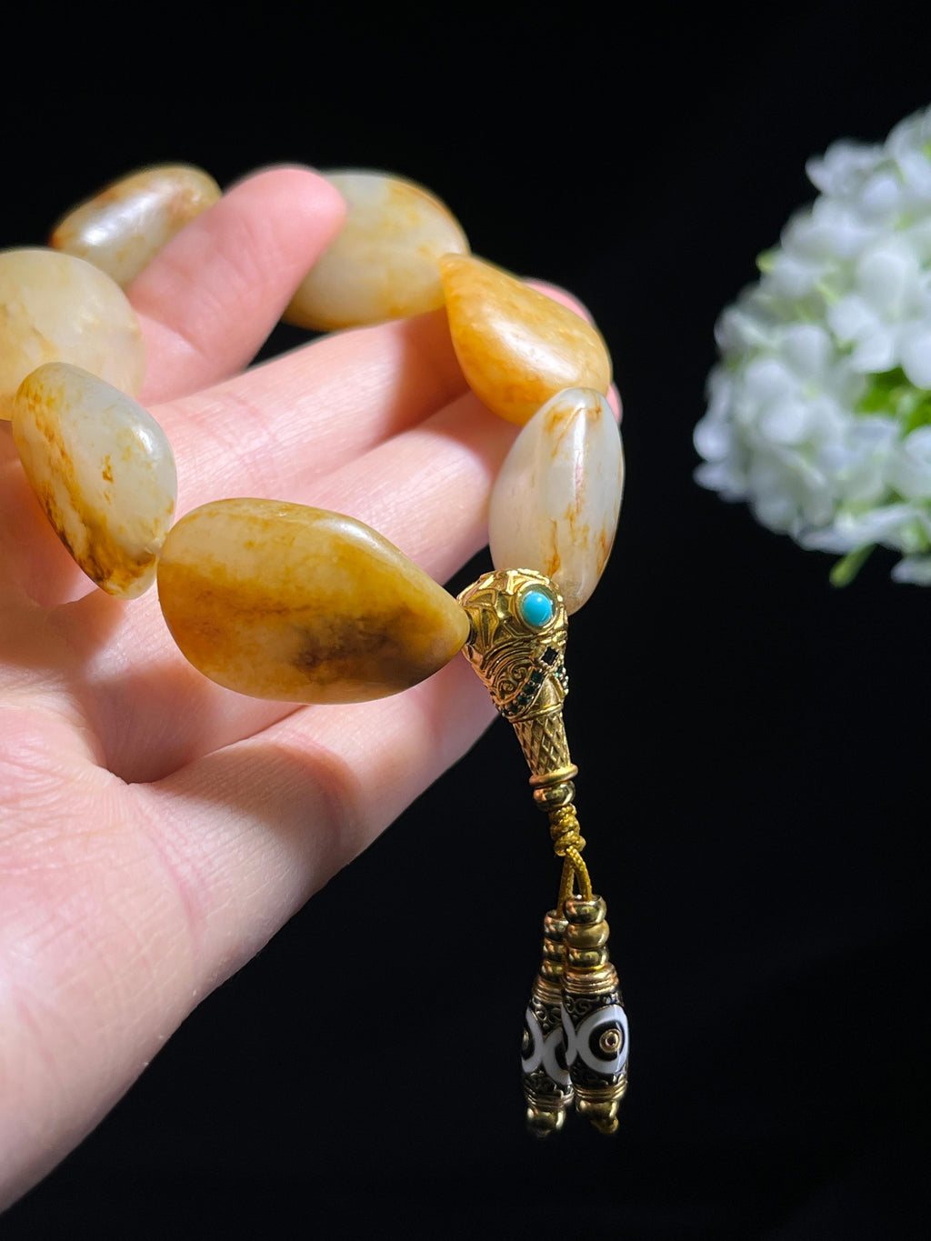 新疆天然和田玉籽料原石洒金皮18k金镶玉手串2（yc262638）