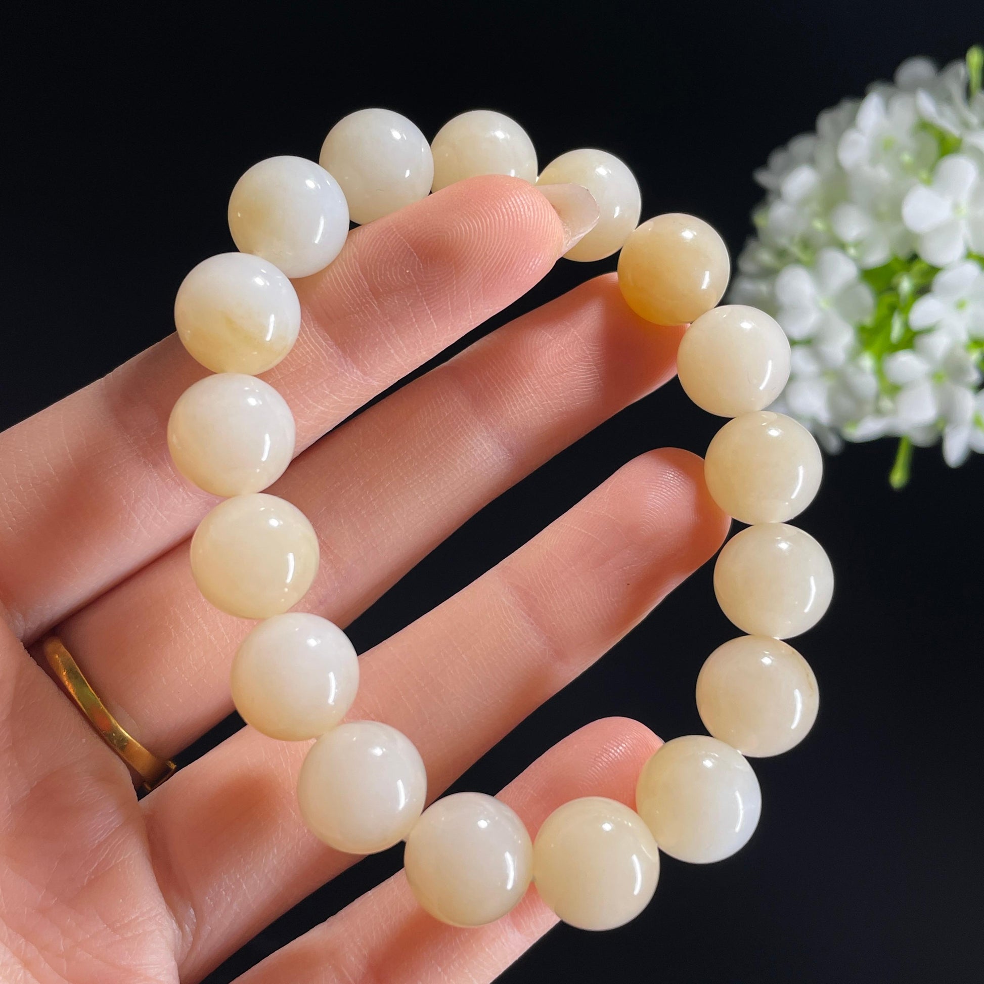 和田玉糖白玉“晴云映日”圆珠手串（yc332132）