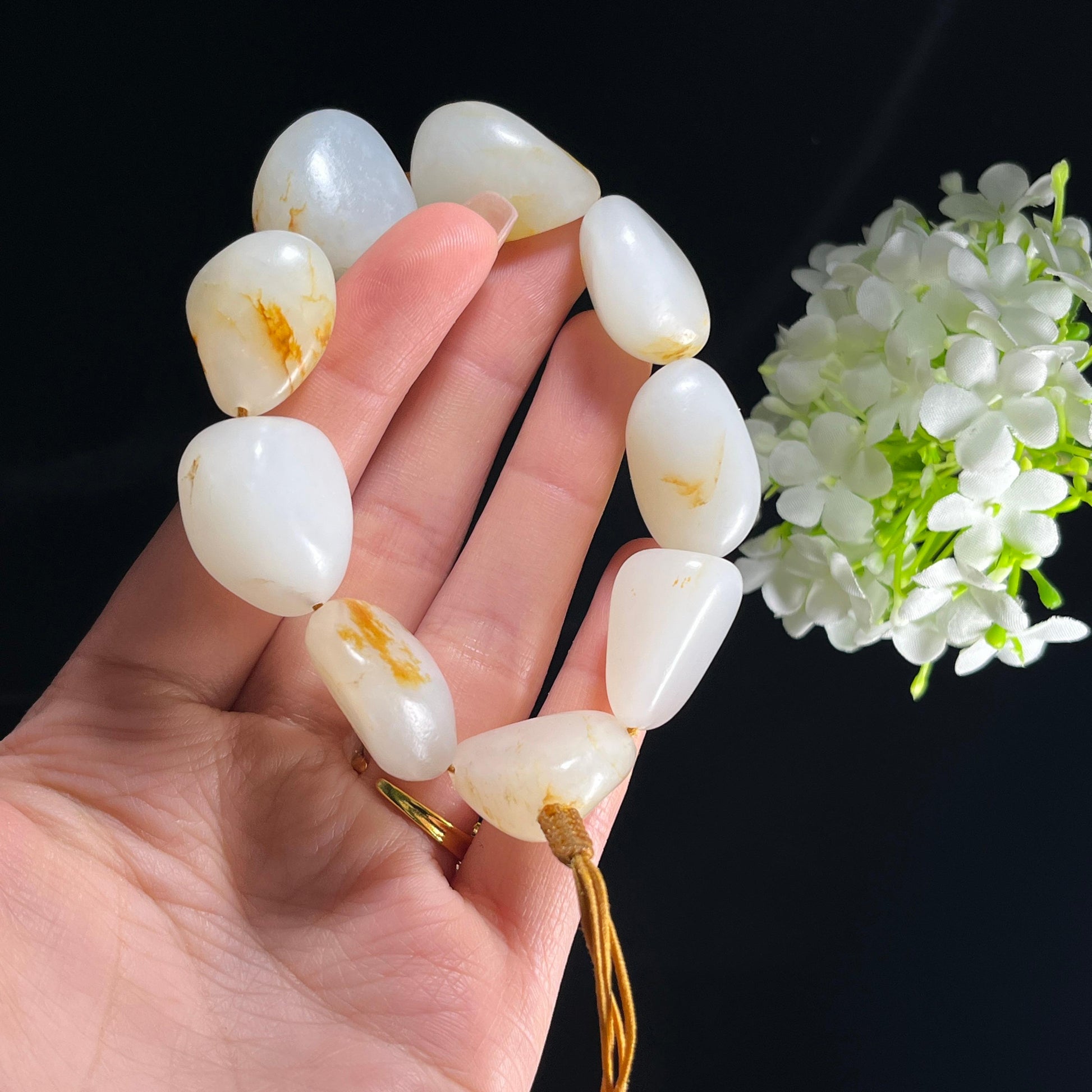 和田玉白玉“秋澜串玉”洒金皮红皮原籽手串（yc356770）