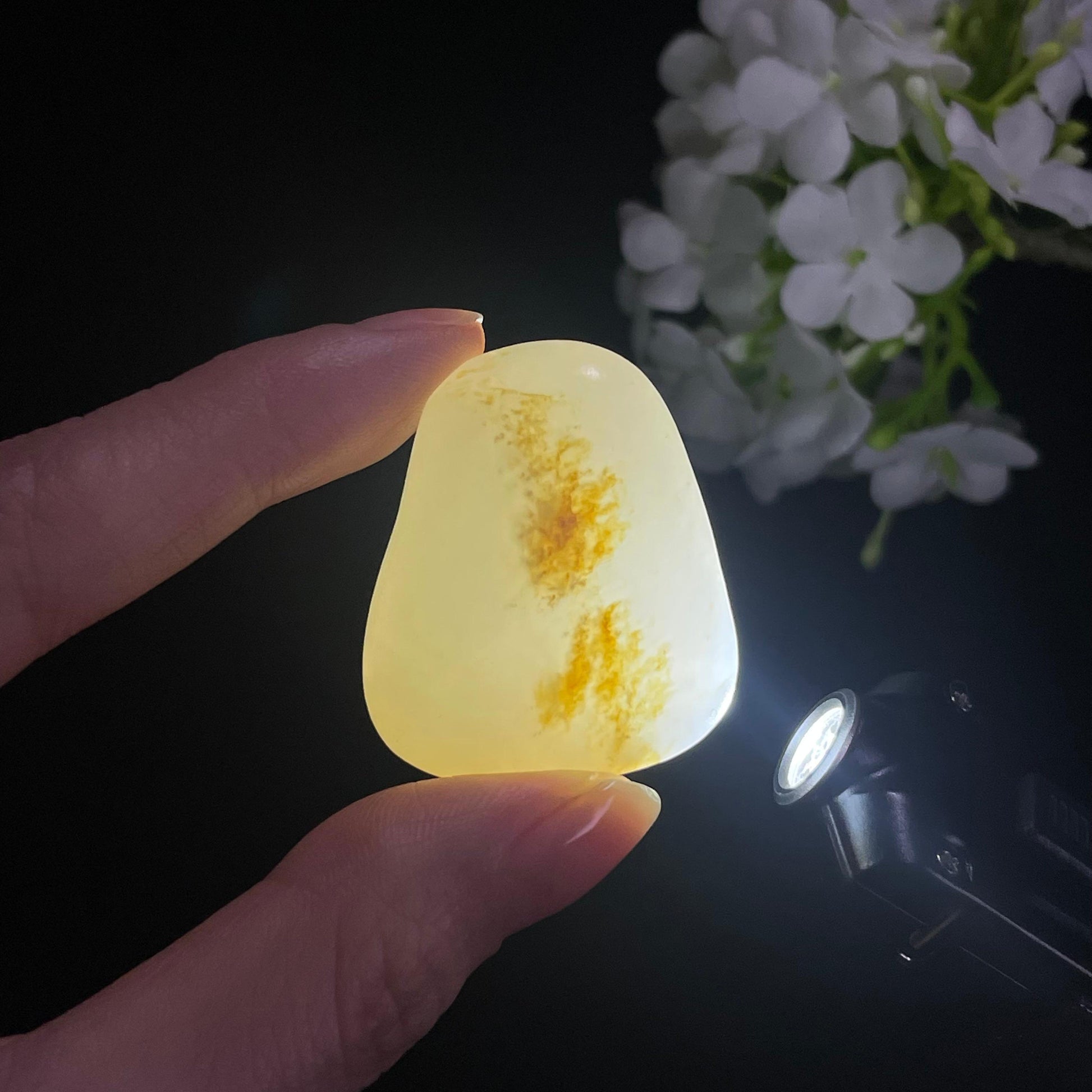 和田玉白玉秋梨洒金皮“松间落照”籽料原石（yc311948）