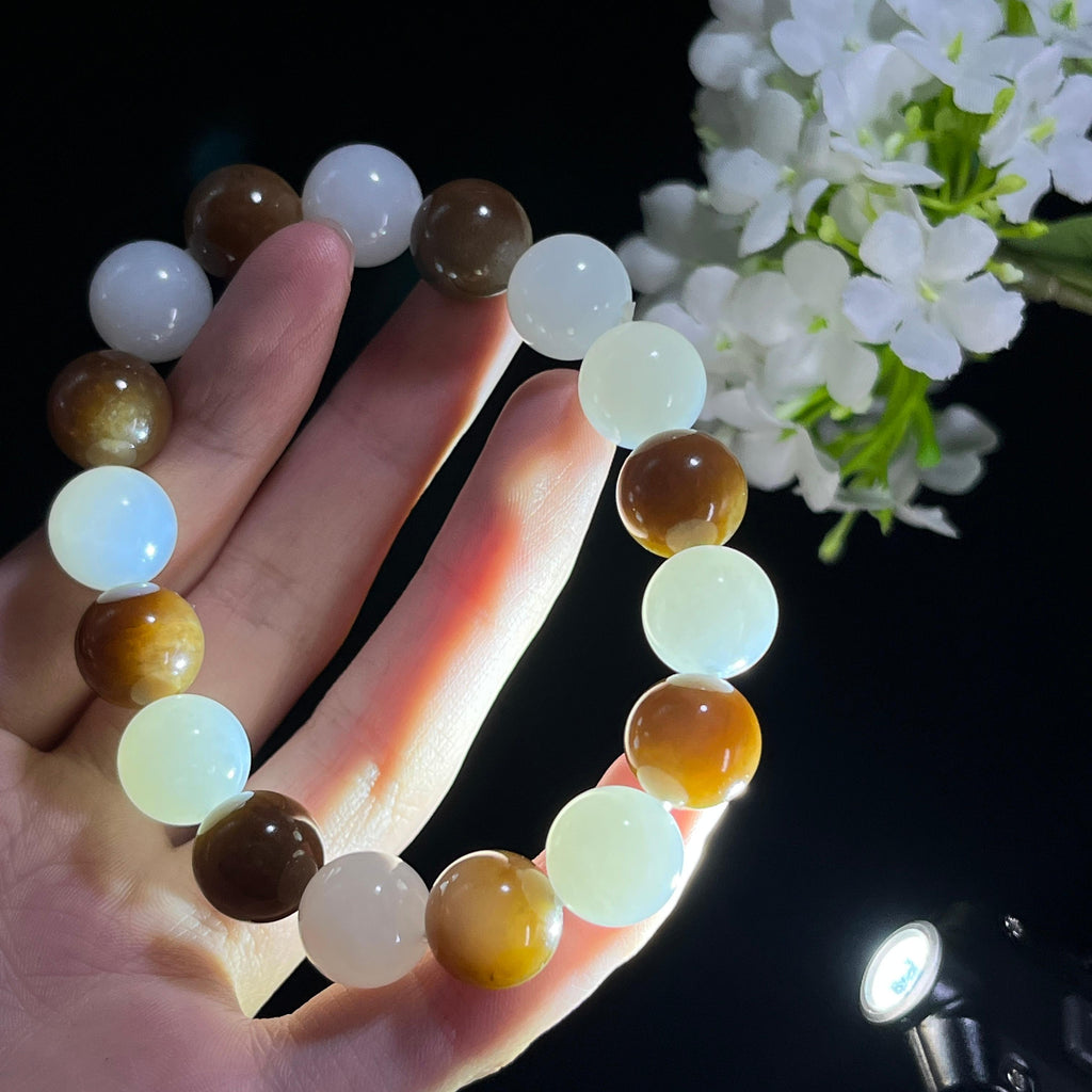 新疆和田玉“焦糖碎雪”且末全糖跳色手串（yc296563）