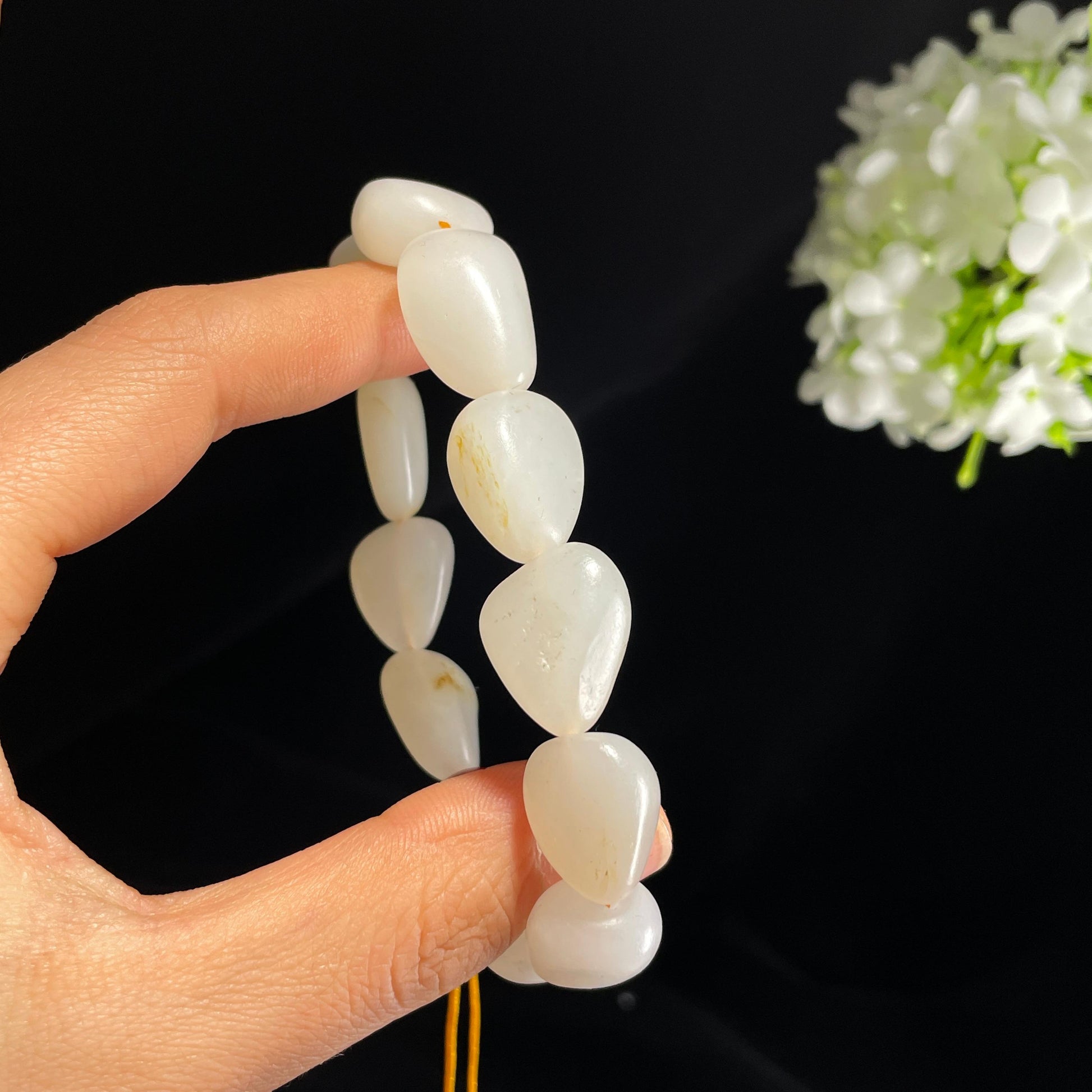 新疆天然和田玉白玉青白玉浅洒金皮原籽手串（yc355810）