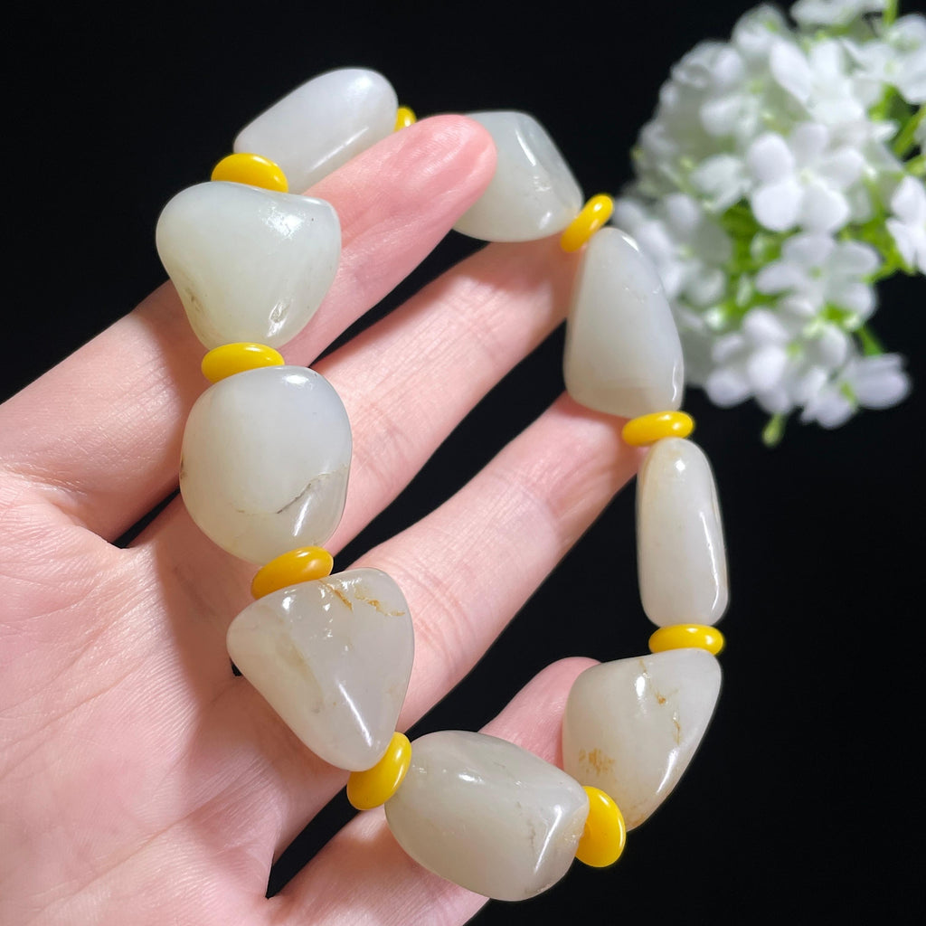 和田玉白玉青白玉洒金皮原籽手串（yc369858）