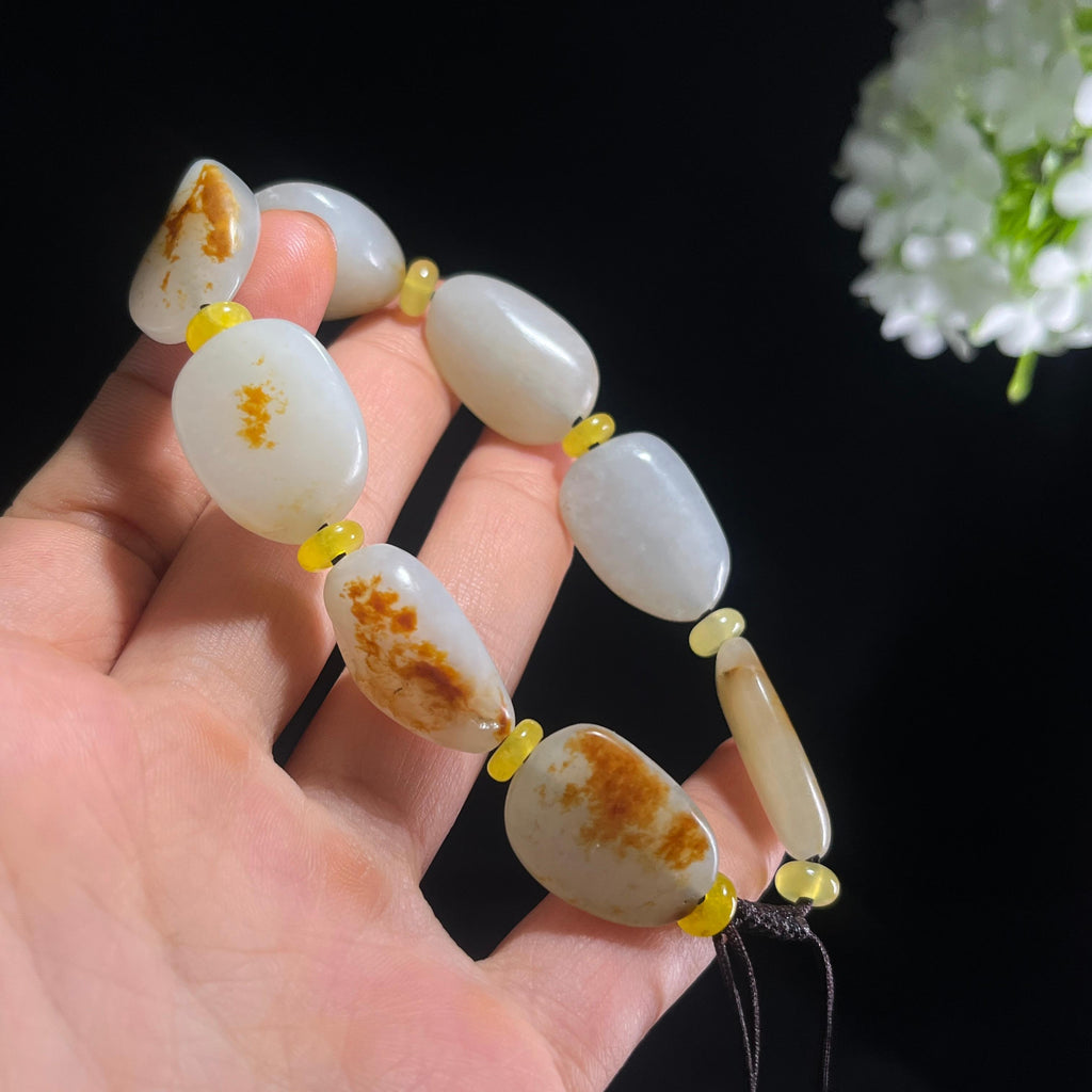 新疆天然和田玉白玉红皮原籽手串（yc388345）