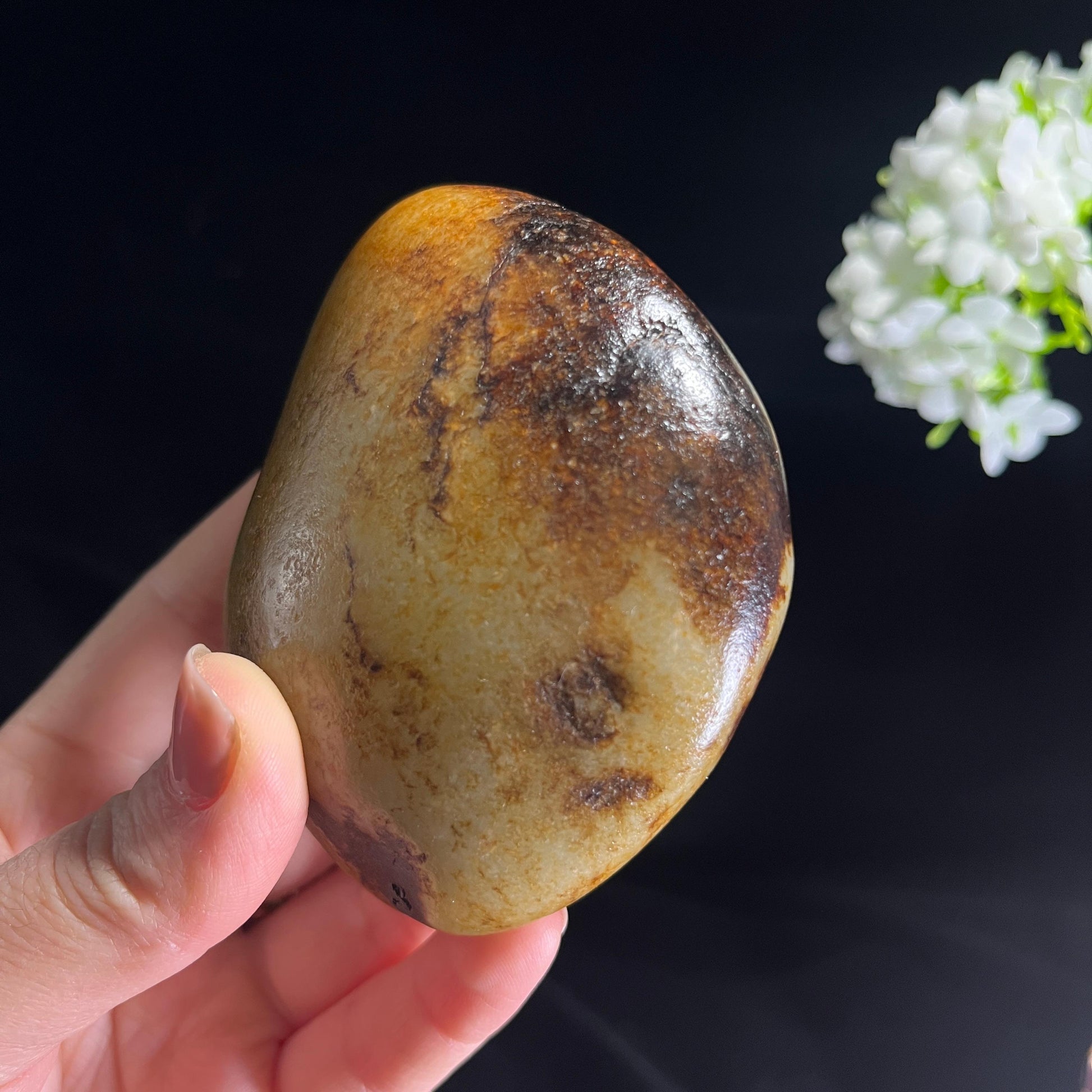 和田玉白玉洒金秋梨皮“金褐玉丸”籽料原石（yc280281）