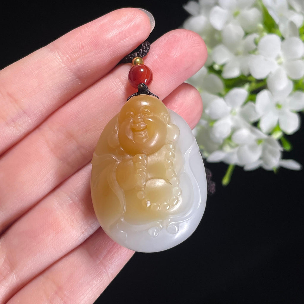 和田玉且末糖白“笑纳福来”弥勒佛挂件（yc296629）
