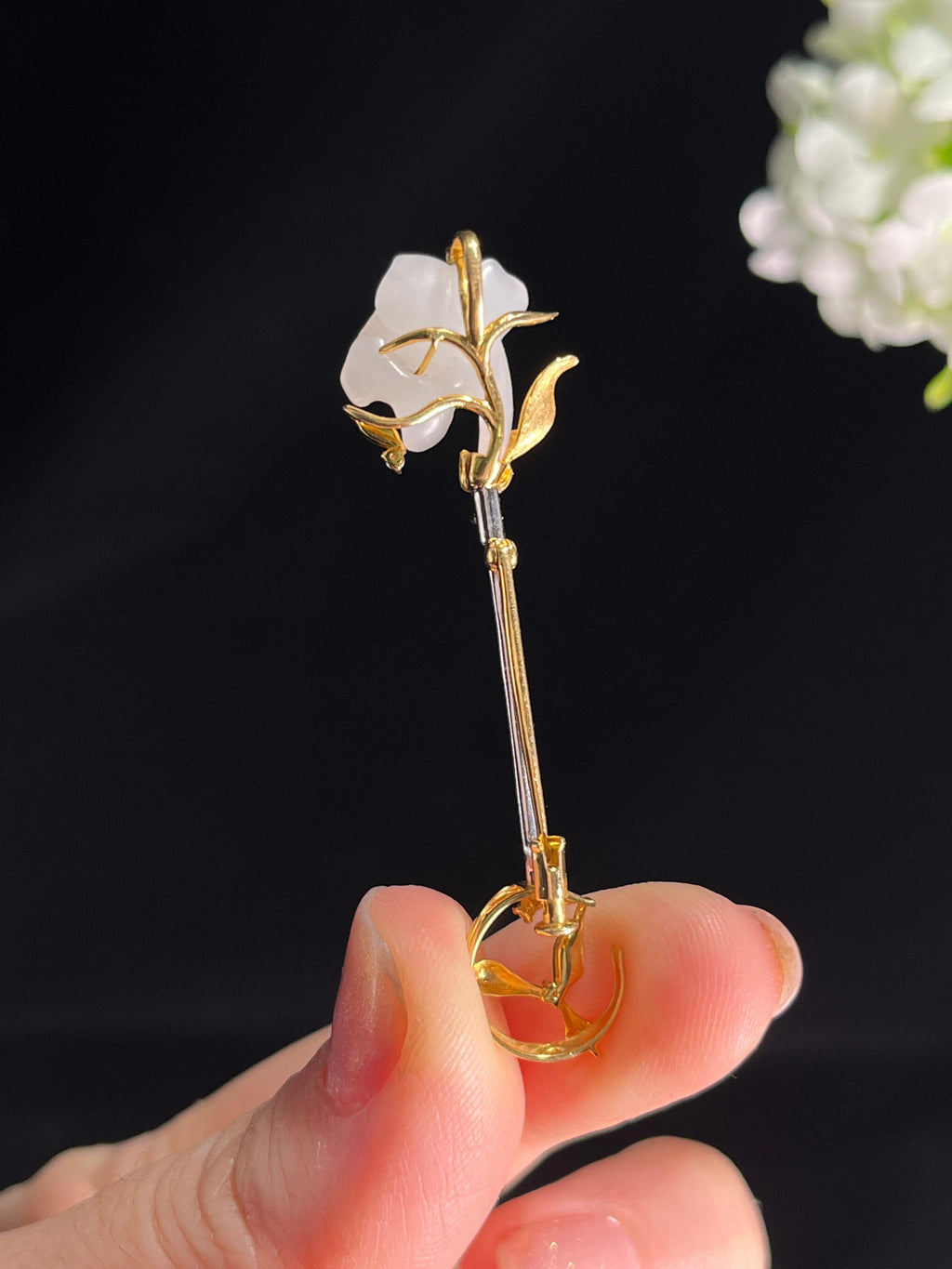 新疆天然和田玉白玉18k金镶兰花胸针（yc268068）
