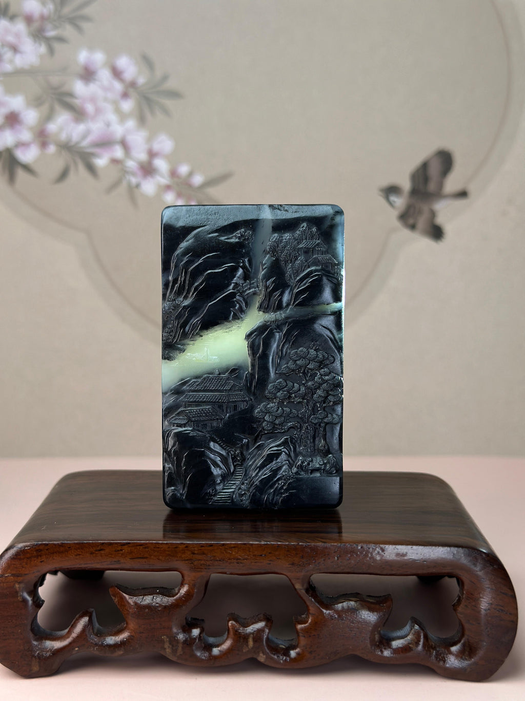 臻品新疆和田玉青花籽料双面雕山水牌（yc765108）