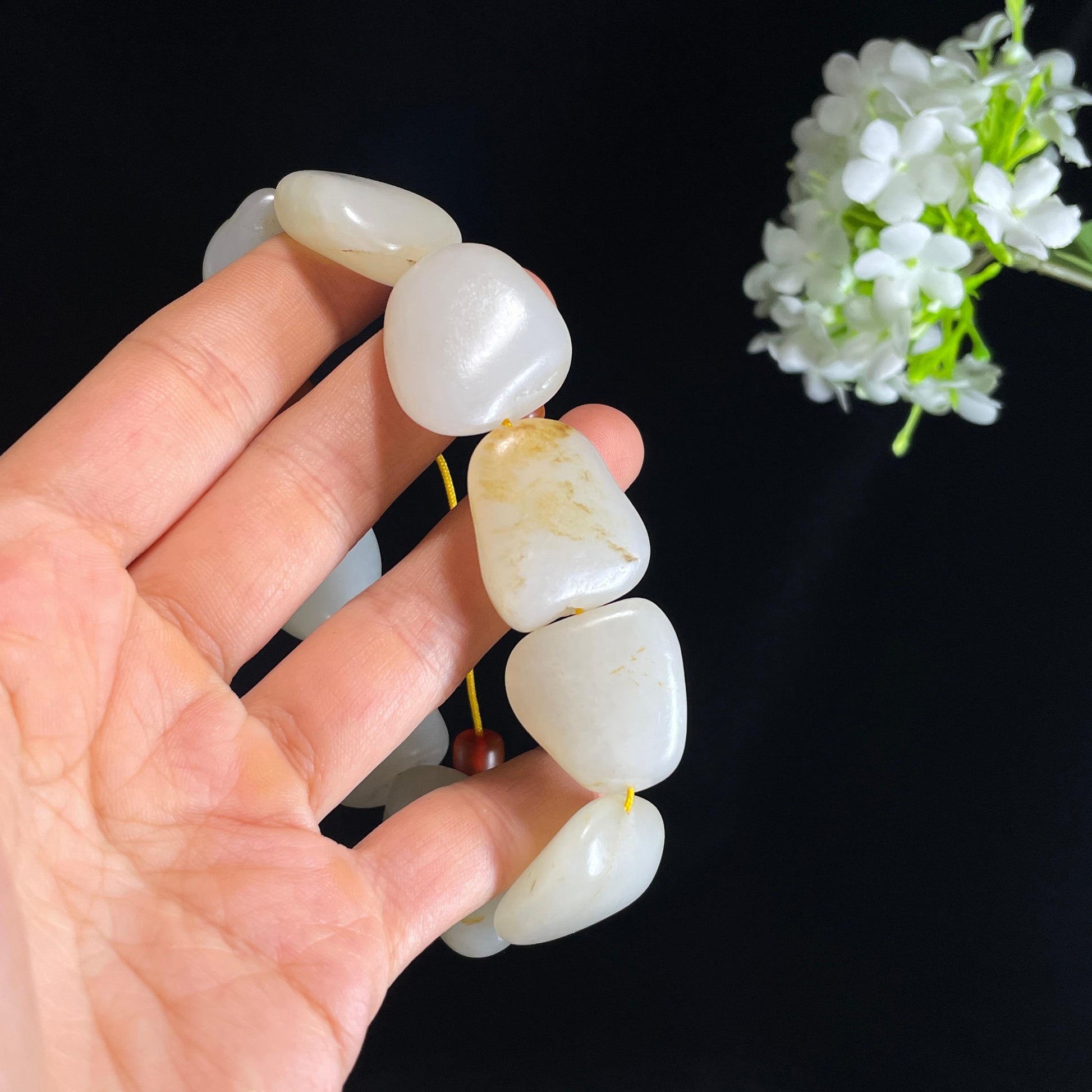 新疆天然和田玉白玉洒金皮原籽手串（yc410601）