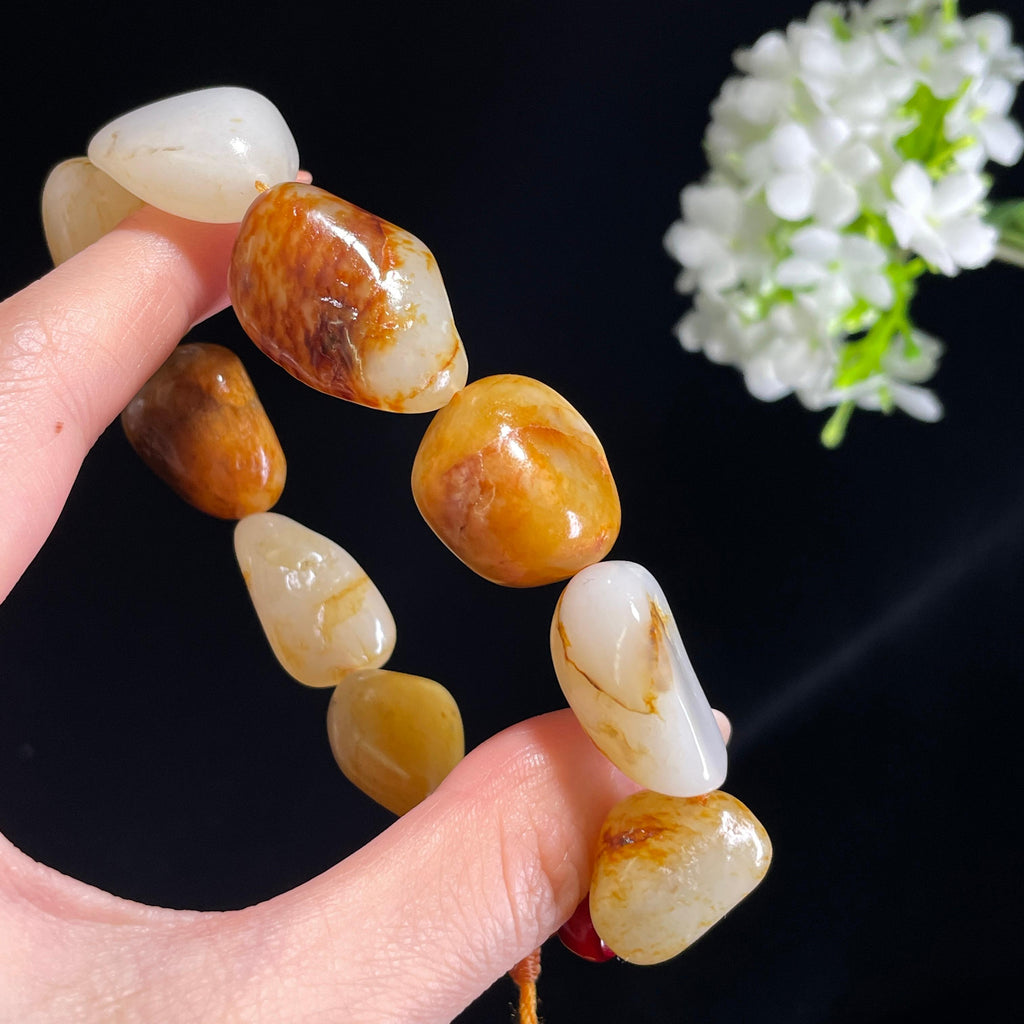 新疆天然和田玉白玉洒金皮红皮原籽手串（yc368769）
