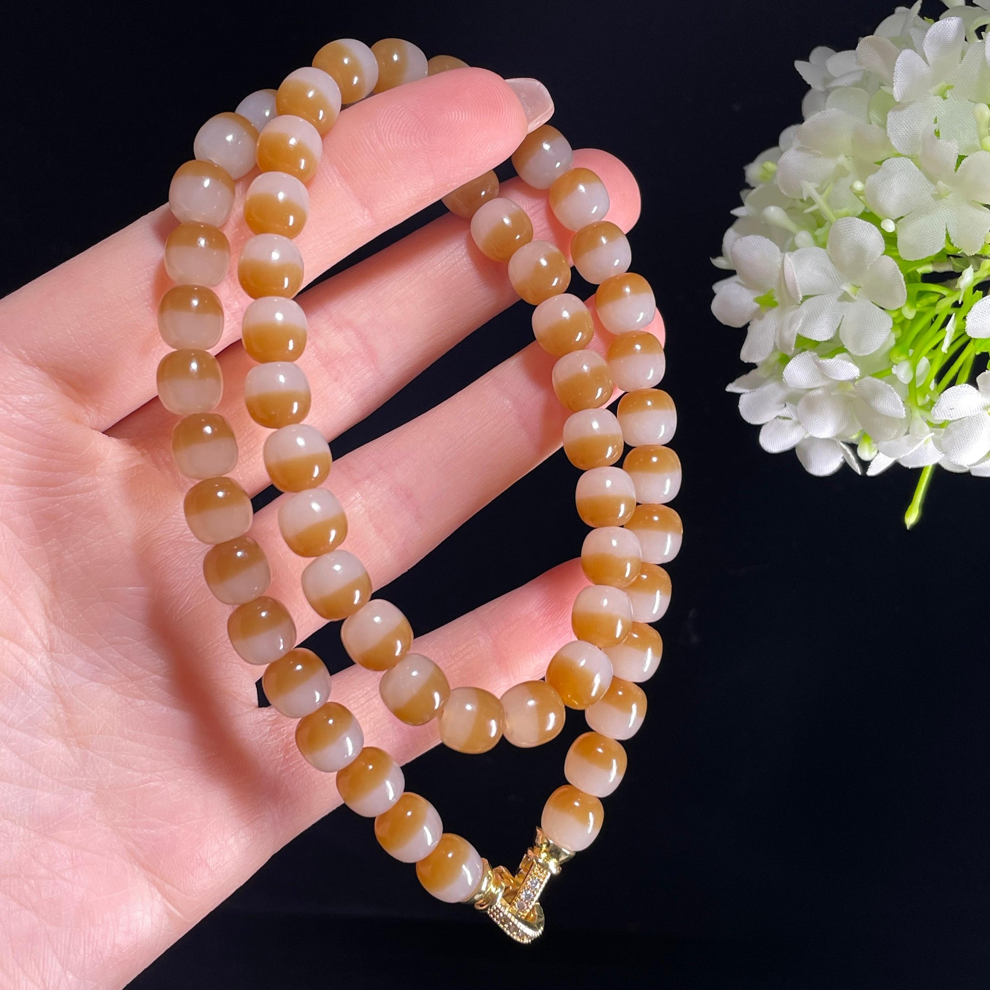 和田玉糖白玉聚宝盆圆珠项链（58颗）（yc389153）