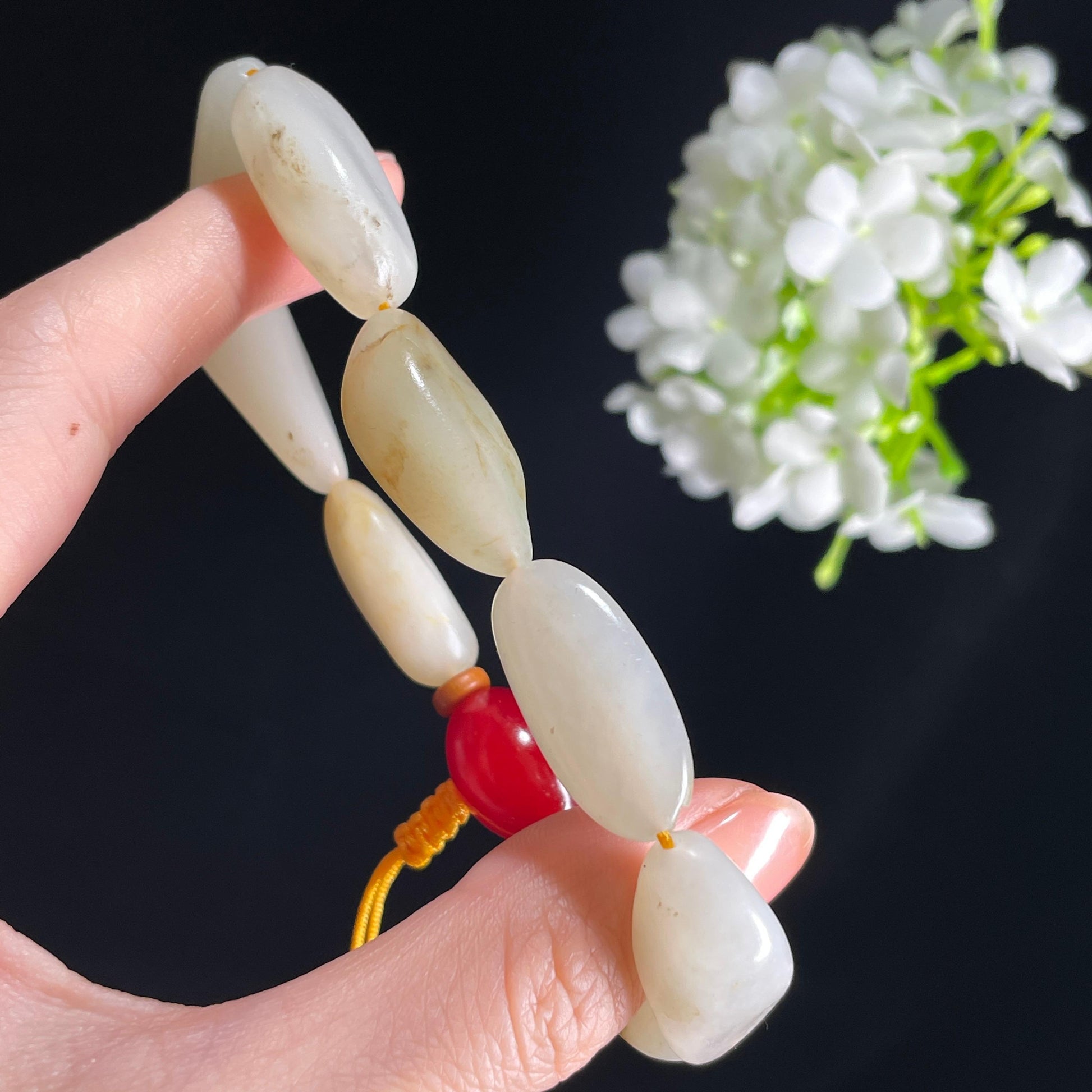 新疆天然和田玉白玉青白玉洒金皮原籽手串（8颗）（yc396006）