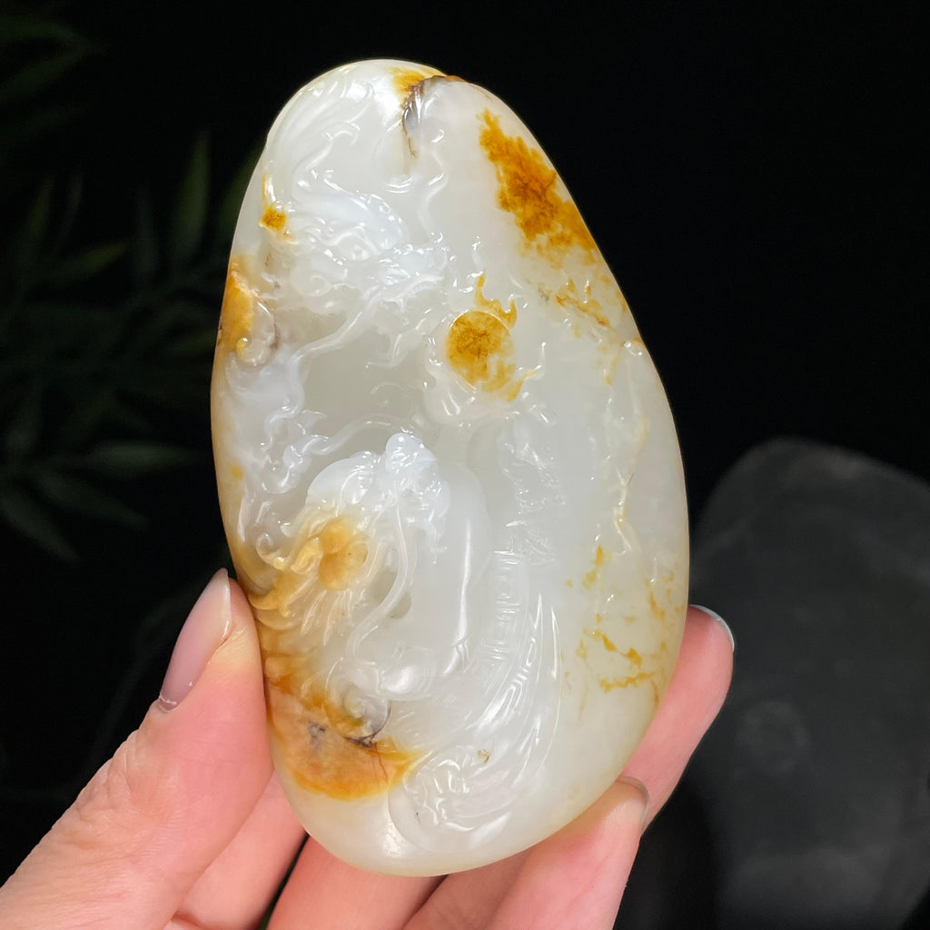 新疆和田玉珍品白玉洒金皮籽料双龙戏珠手把件（yc712105）
