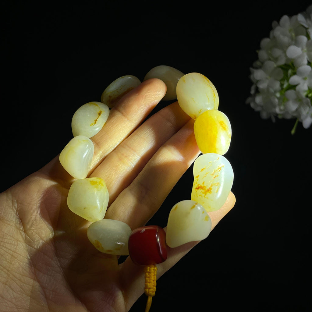 和田玉白玉洒金洒红皮“顽石生花”籽料原籽手串（yc320451）