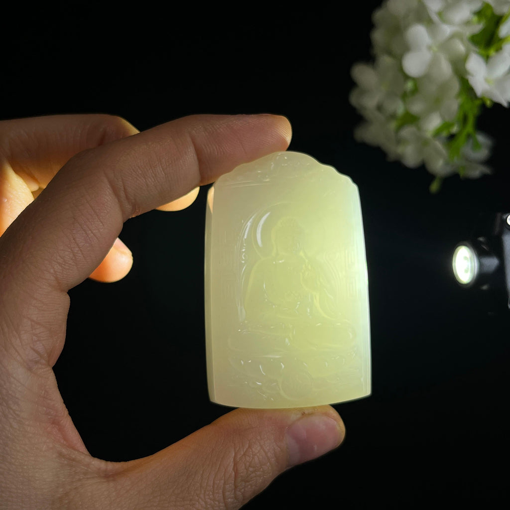 和田玉白玉“空谷听禅”佛雕刻挂件（yc349375）