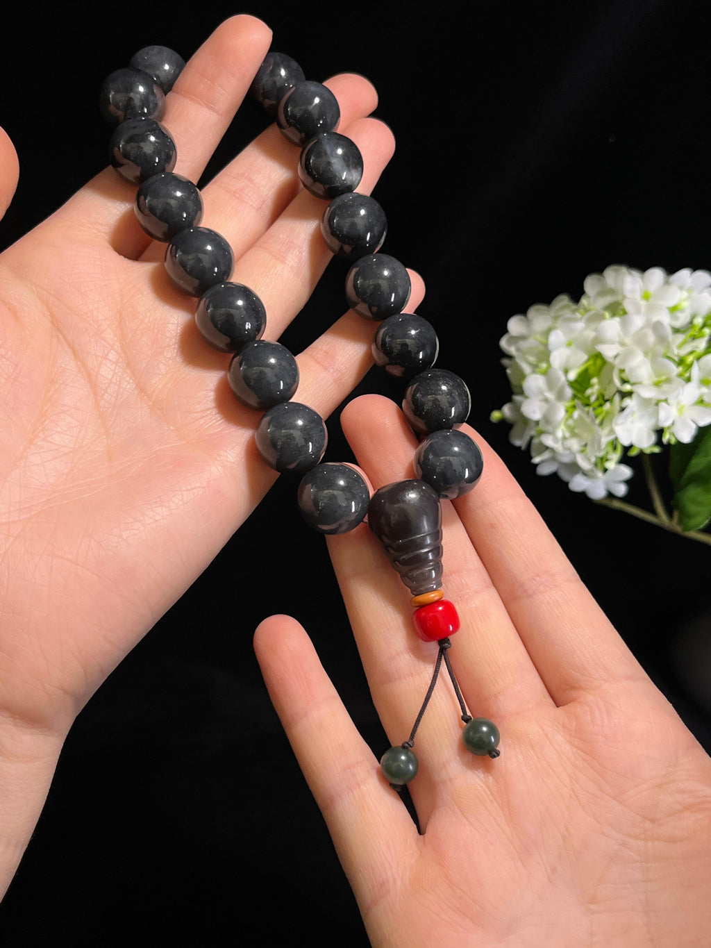 和田玉青花圆形珠手串（卡16）（yc254947）