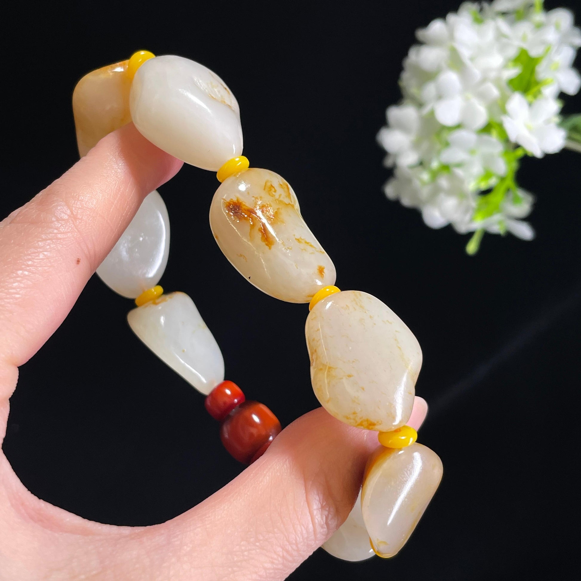 新疆天然和田玉白玉洒金皮红皮原籽手串（yc368766）