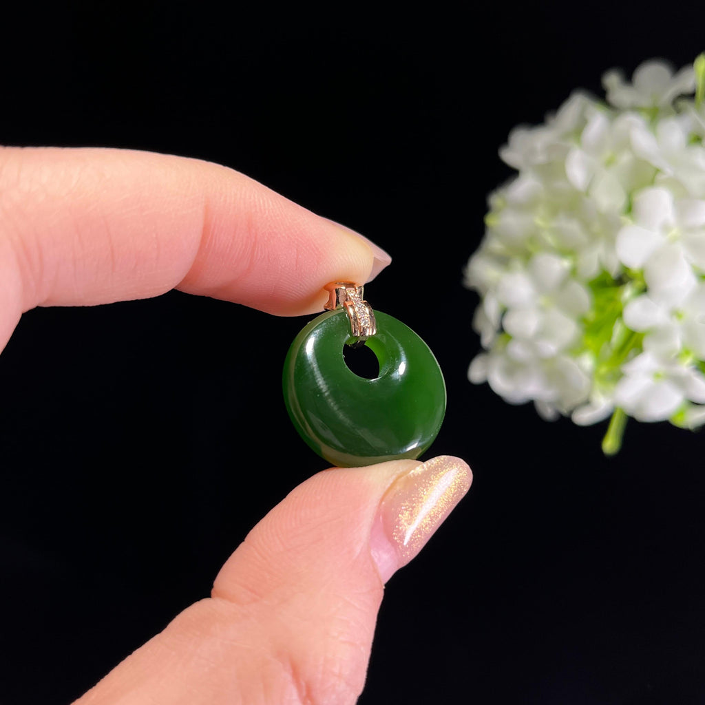 新疆天然和田玉18K金镶碧玉平安扣（yc351468）