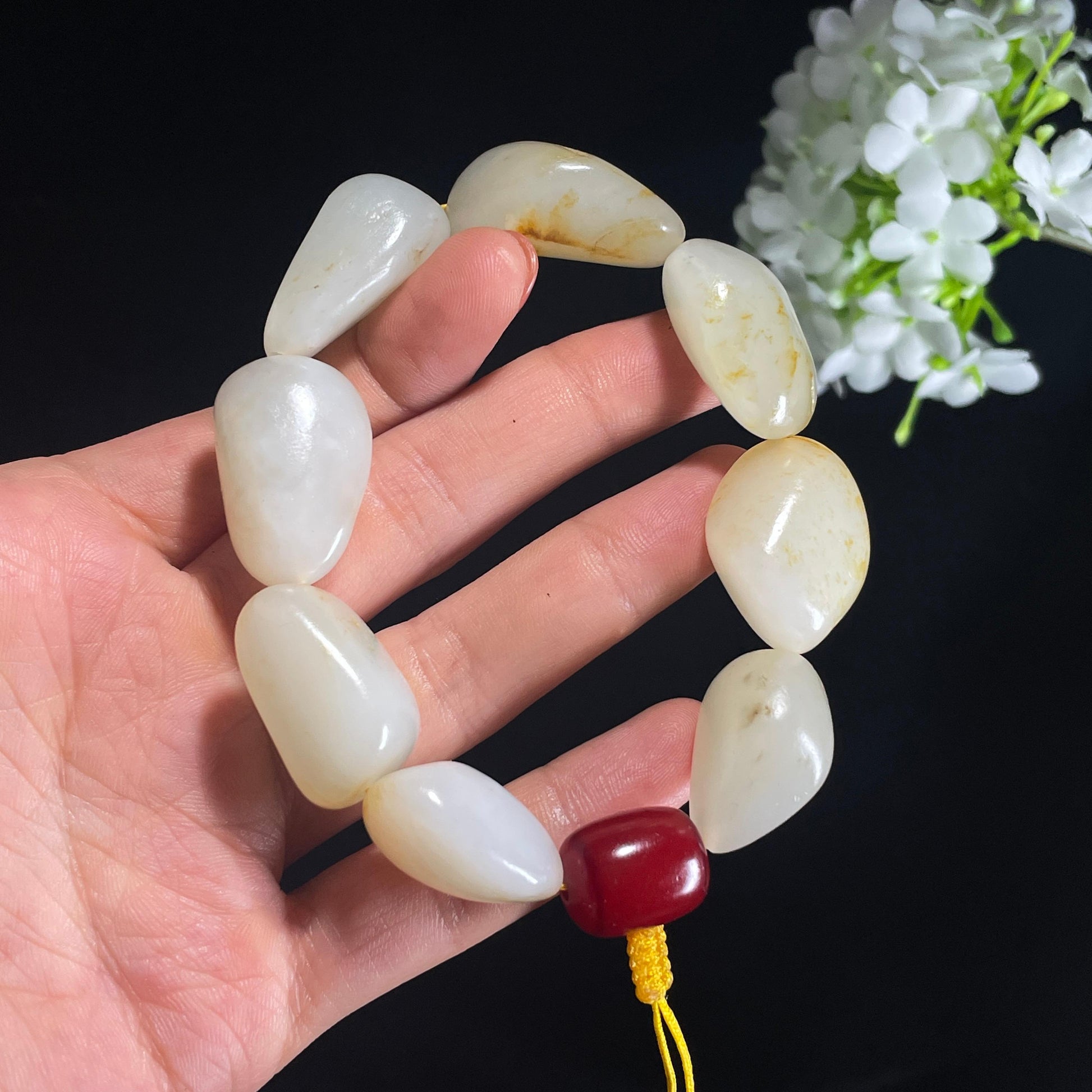 新疆天然和田玉白玉洒金皮籽料手串（yc401387）