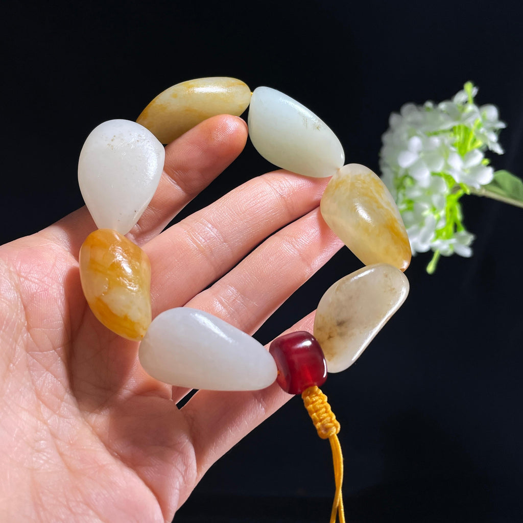 新疆天然和田玉白玉青白玉洒金皮原籽手串（yc383874）