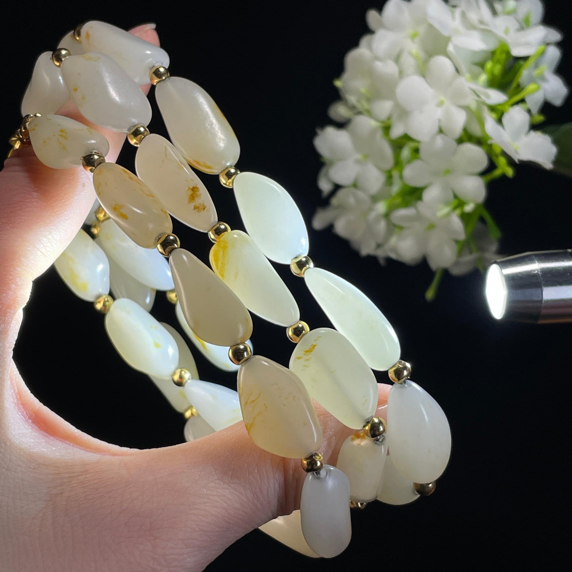 和田玉18k金配白玉带皮色籽料项链（yc337839）