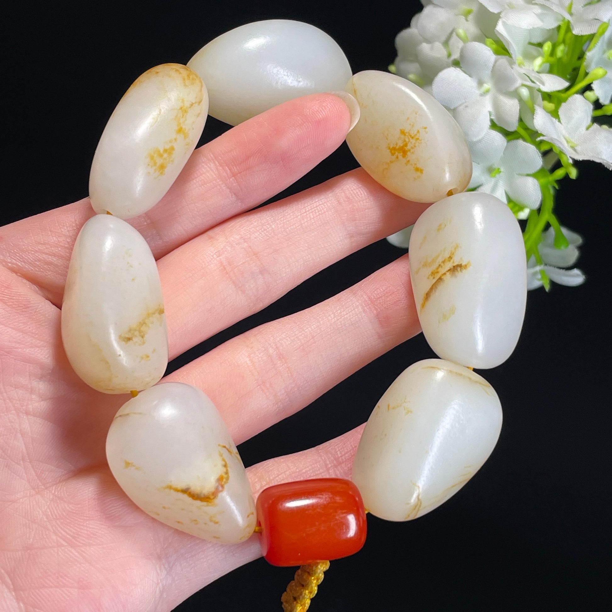 新疆天然和田玉白玉洒金皮籽料手串（yc340476）